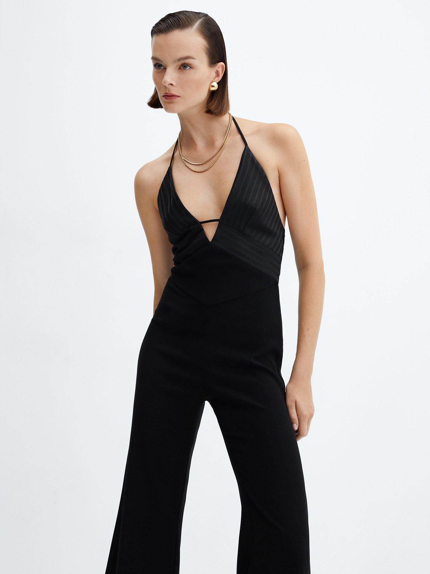 Mango Alice Satin Wide Leg Jumpsuit, Black