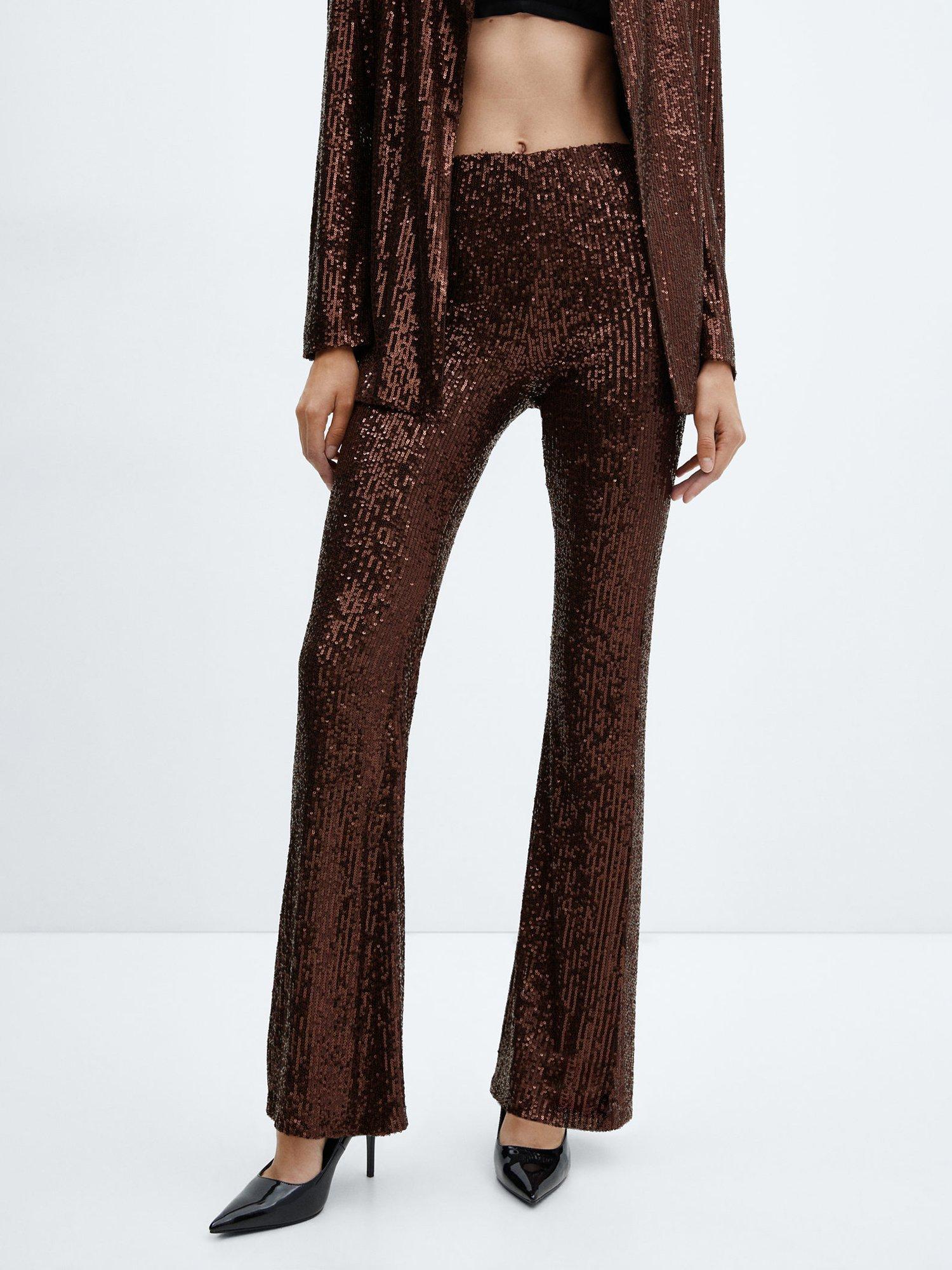 Mango Xlenjuel Sequin Flared Trousers, Dark Brown