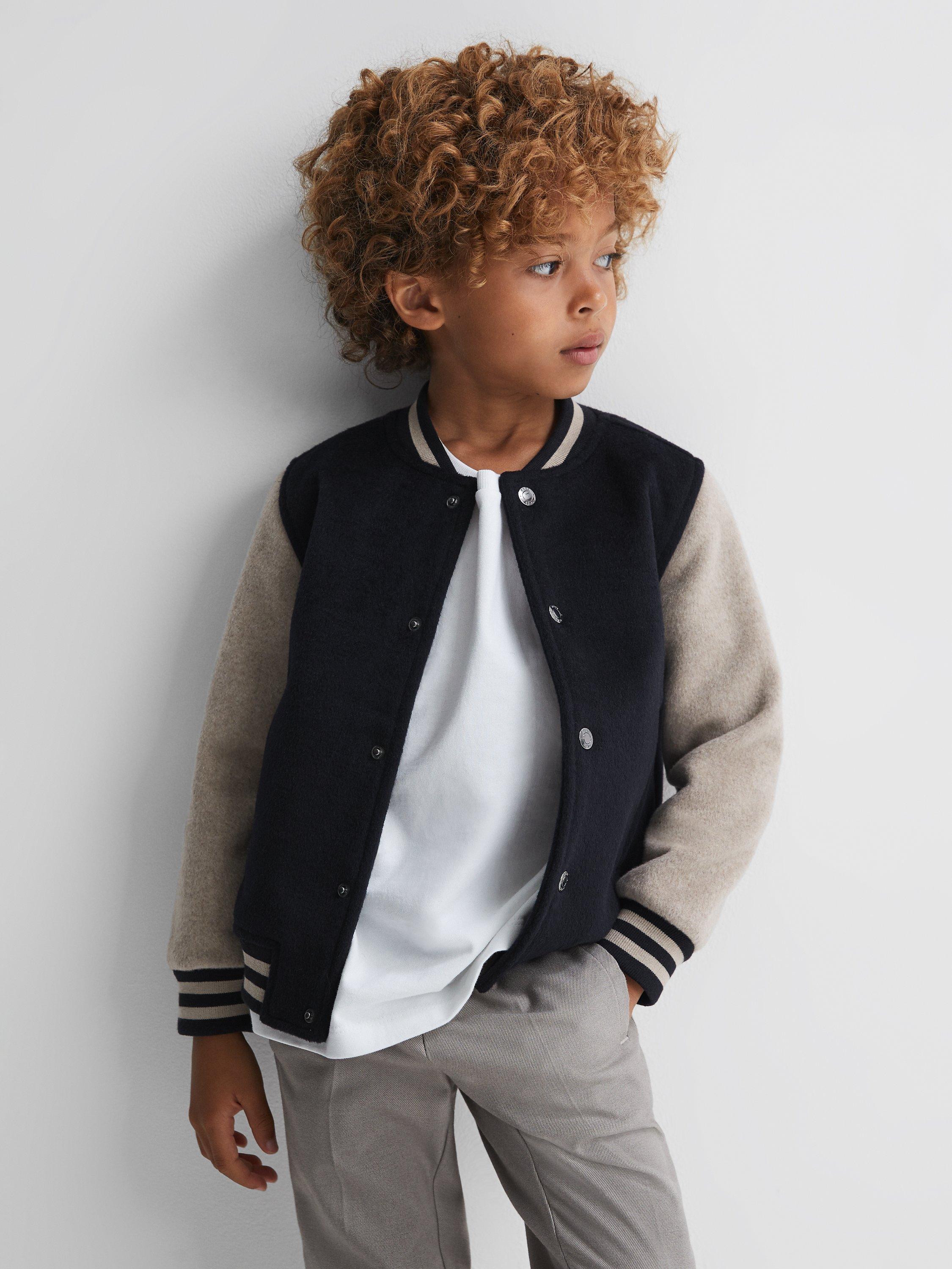 Reiss Kids' Kansas Wool Blend Varsity Bomber Jacket, Navy/Stone