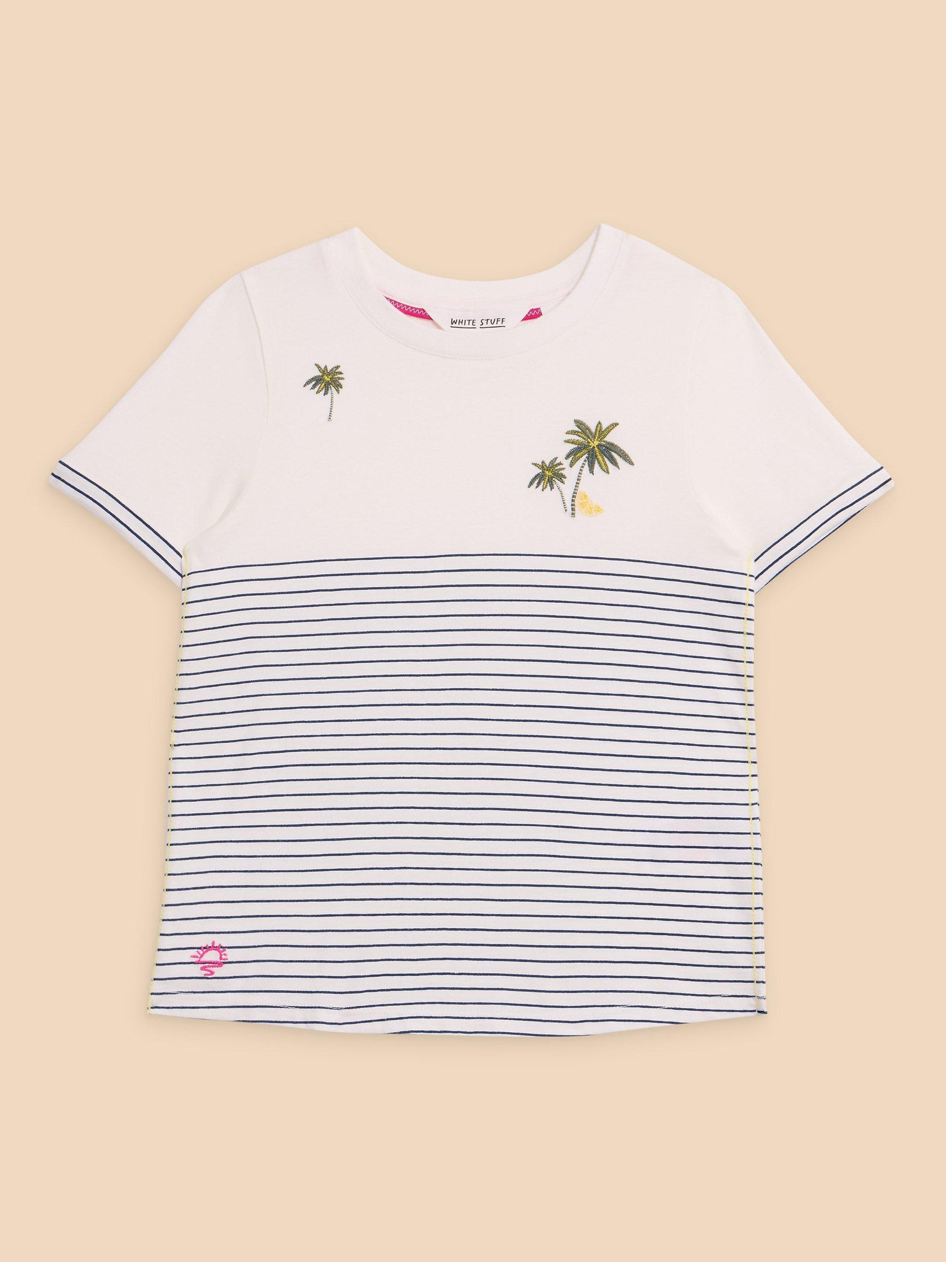 White Stuff Kids' Stripe Embroidered T-Shirt, Ivory/Multi
