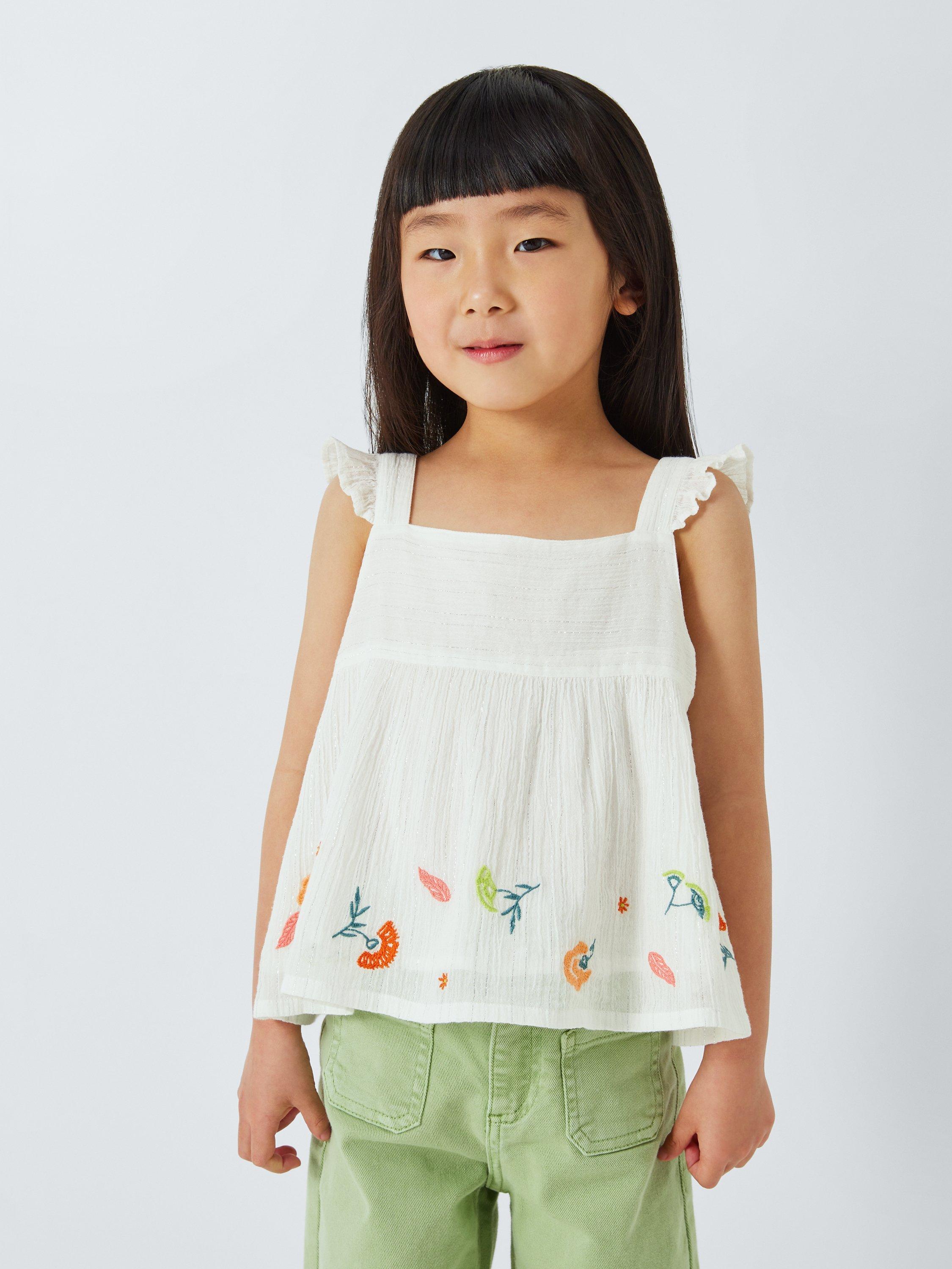 Product image 1 of 6, which shows John Lewis Kids' Metallic Thread Floral Embroidered Woven Top, White, 9 years