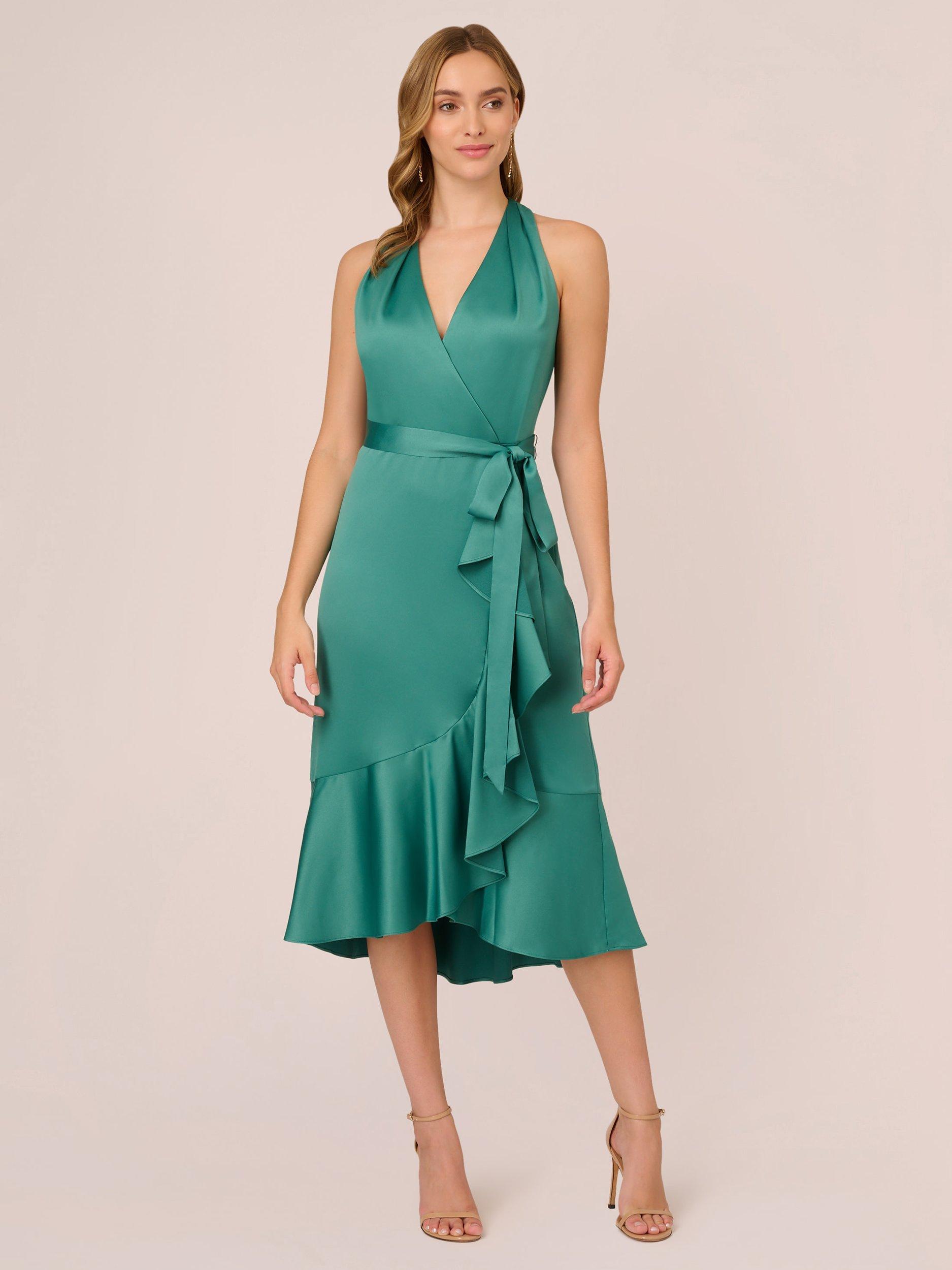 Adrianna Papell Halter Neck Faux Wrap Midi Satin Dress Jungle Green