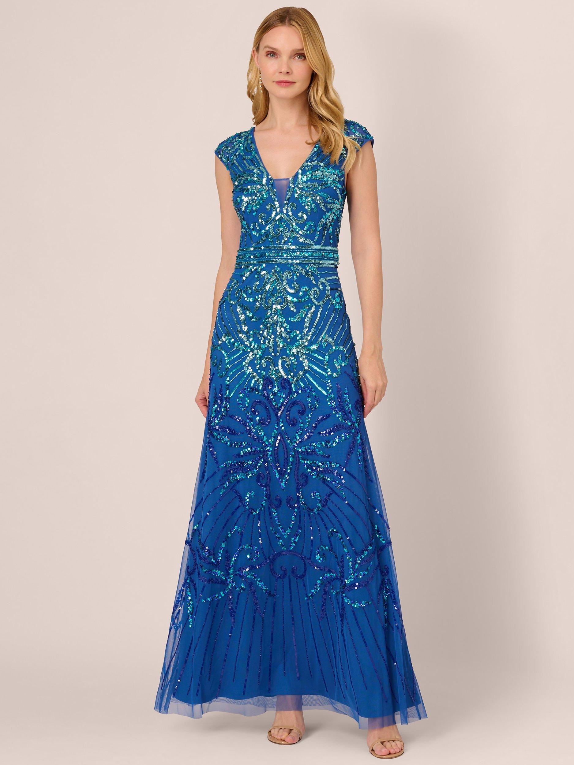 Adrianna Papell Cap Seelve Beaded Maxi Dress Blue Horizon