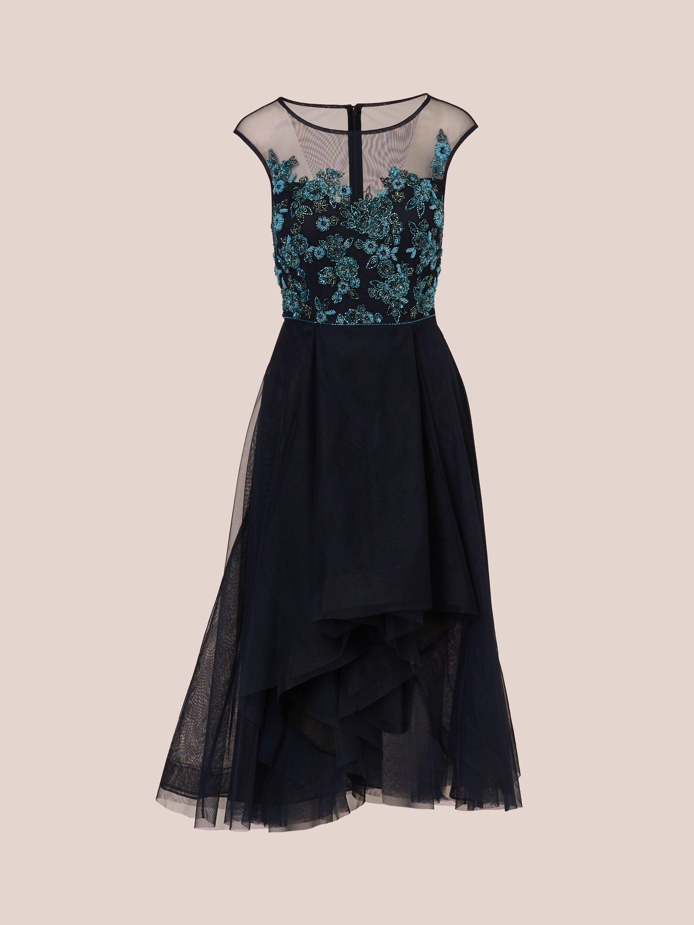 Adrianna Papell Beaded Midi Tulle Dress Midnight Multi