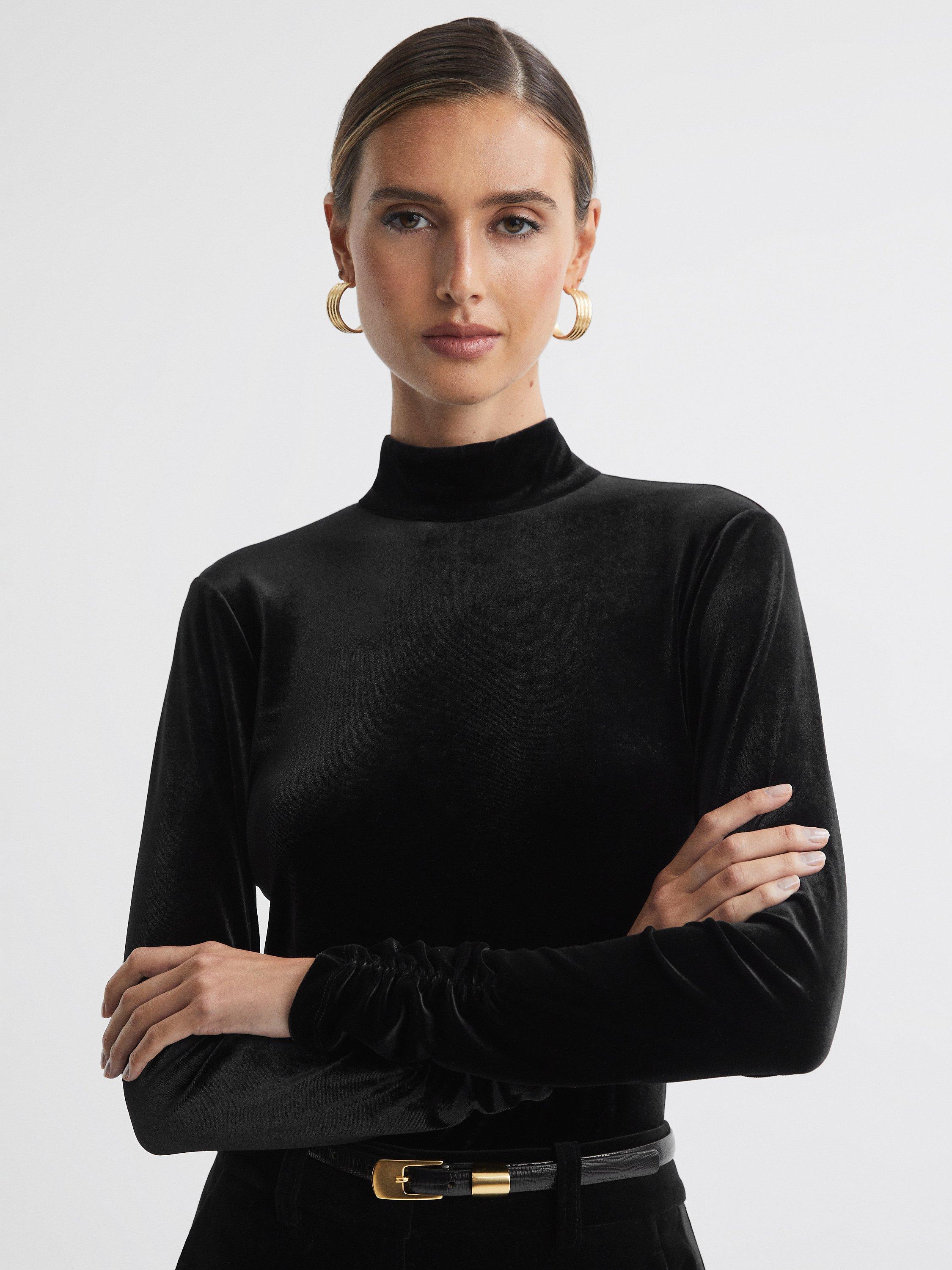 Reiss Caty Funnel Neck Velvet Top, Black