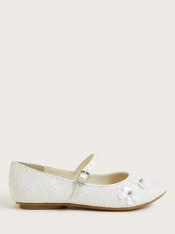 Monsoon Kids' Sequin Flower Glitter Ballerina Shoes, Ivory, Ivory