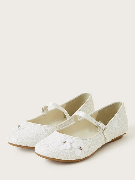 Monsoon Kids' Sequin Flower Glitter Ballerina Shoes, Ivory - view 2, Ivory