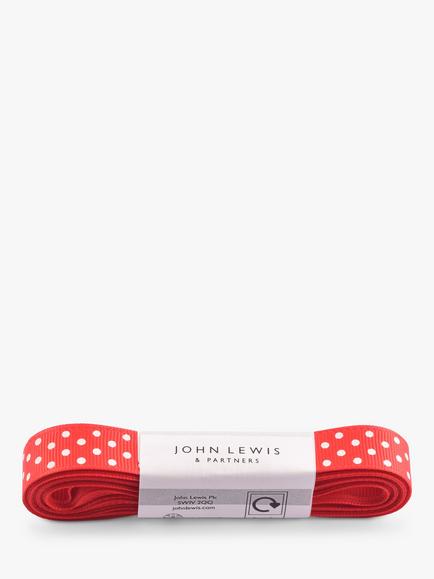 John Lewis Grosgrain Ribbon L5m x W15mm, Red Polka, Hot Red