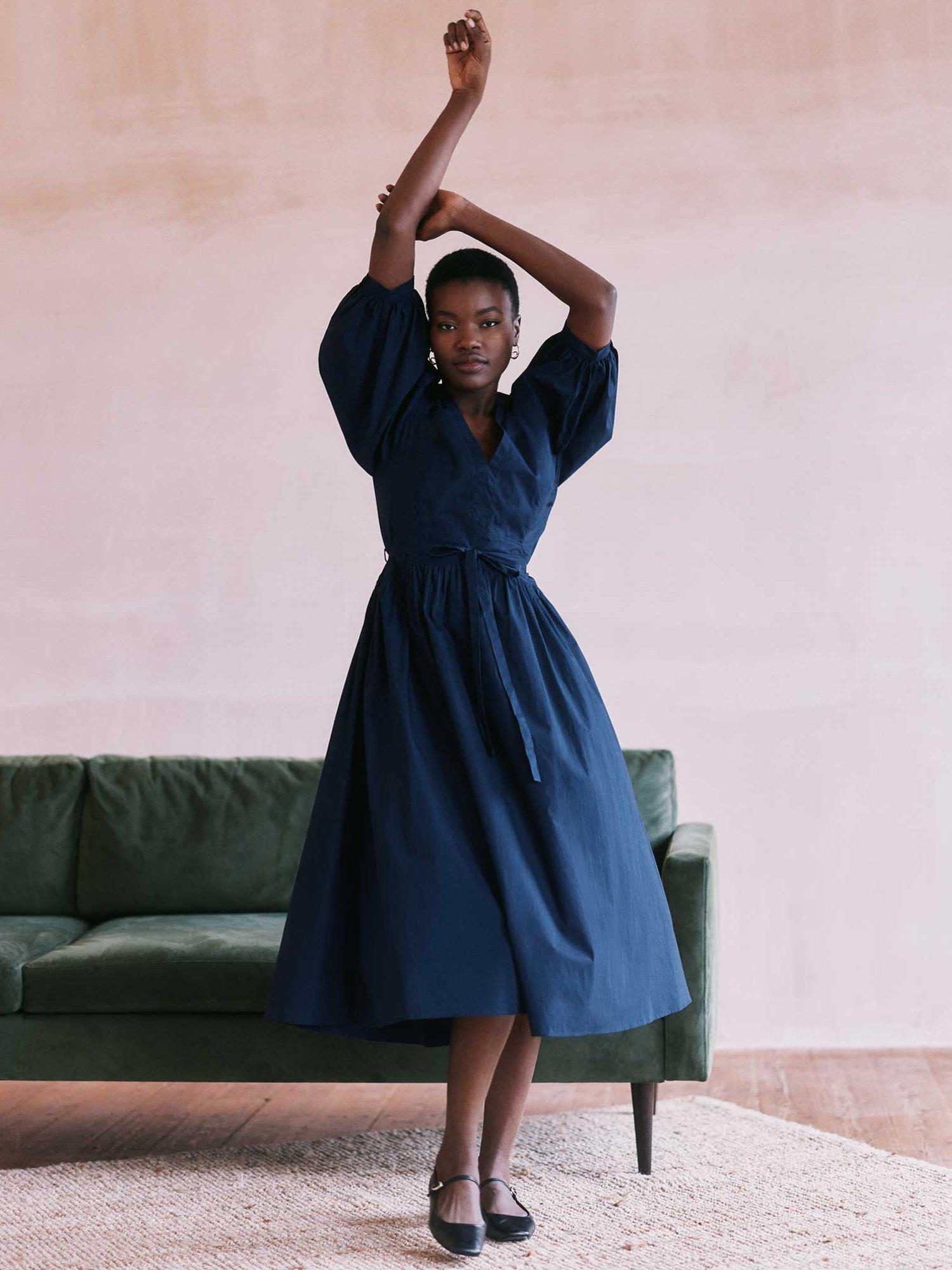 VIVERE Florence Puff Sleeve Cotton Midi Dress, Navy