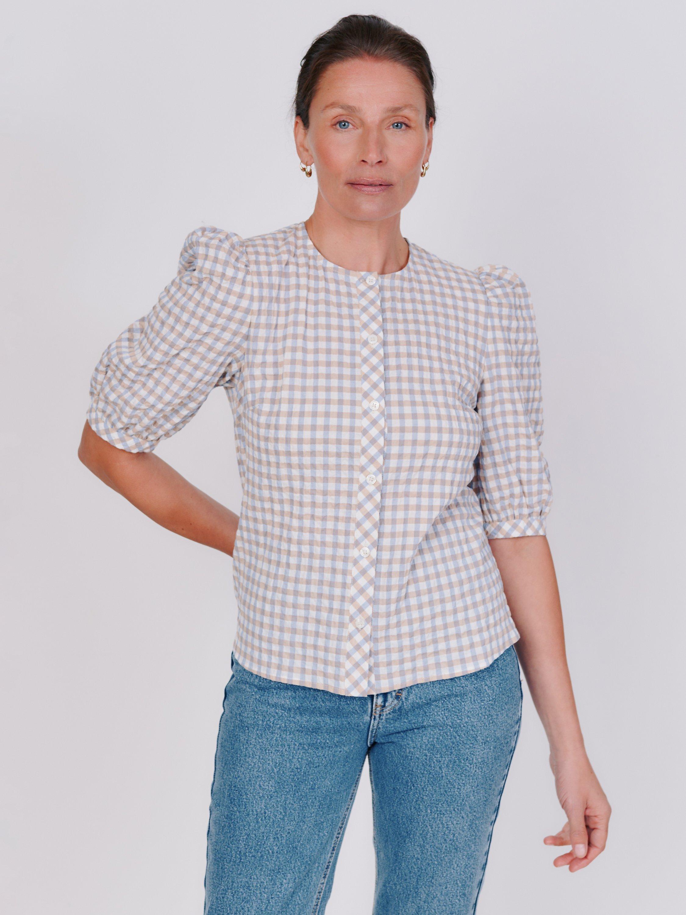 VIVERE Apple Check Puff Sleeve Blouse, Multi