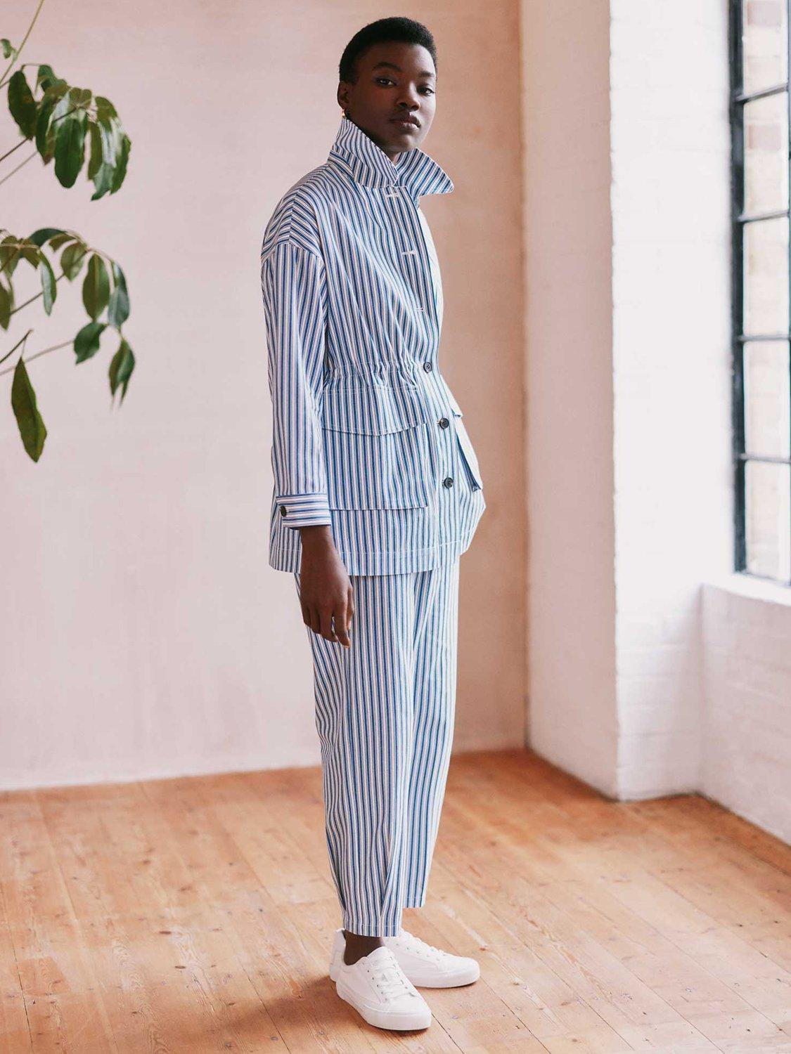 VIVERE Joseph Stripe Tapered Trousers, Indigo/White