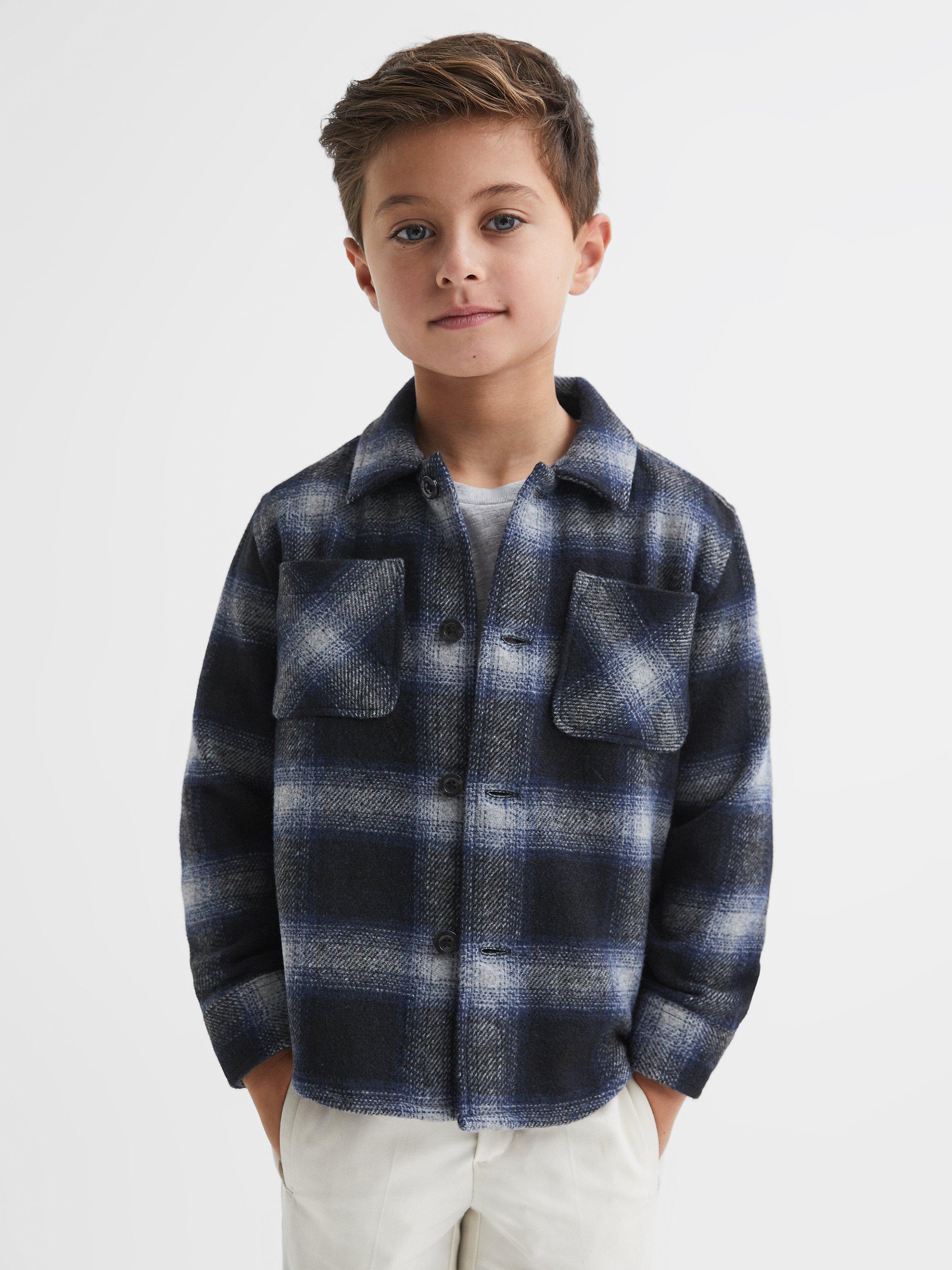 Reiss Kids' Idaho Brushed Check Overshirt, Blue/Multi