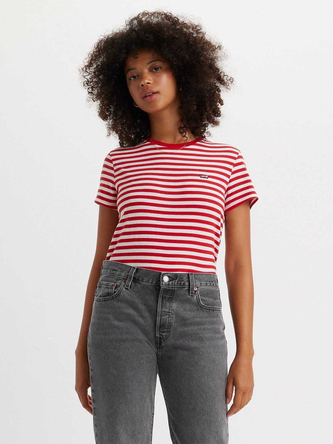 Levi's Perfect Stripe Round Neck T-Shirt, Sandy/Script Red, L