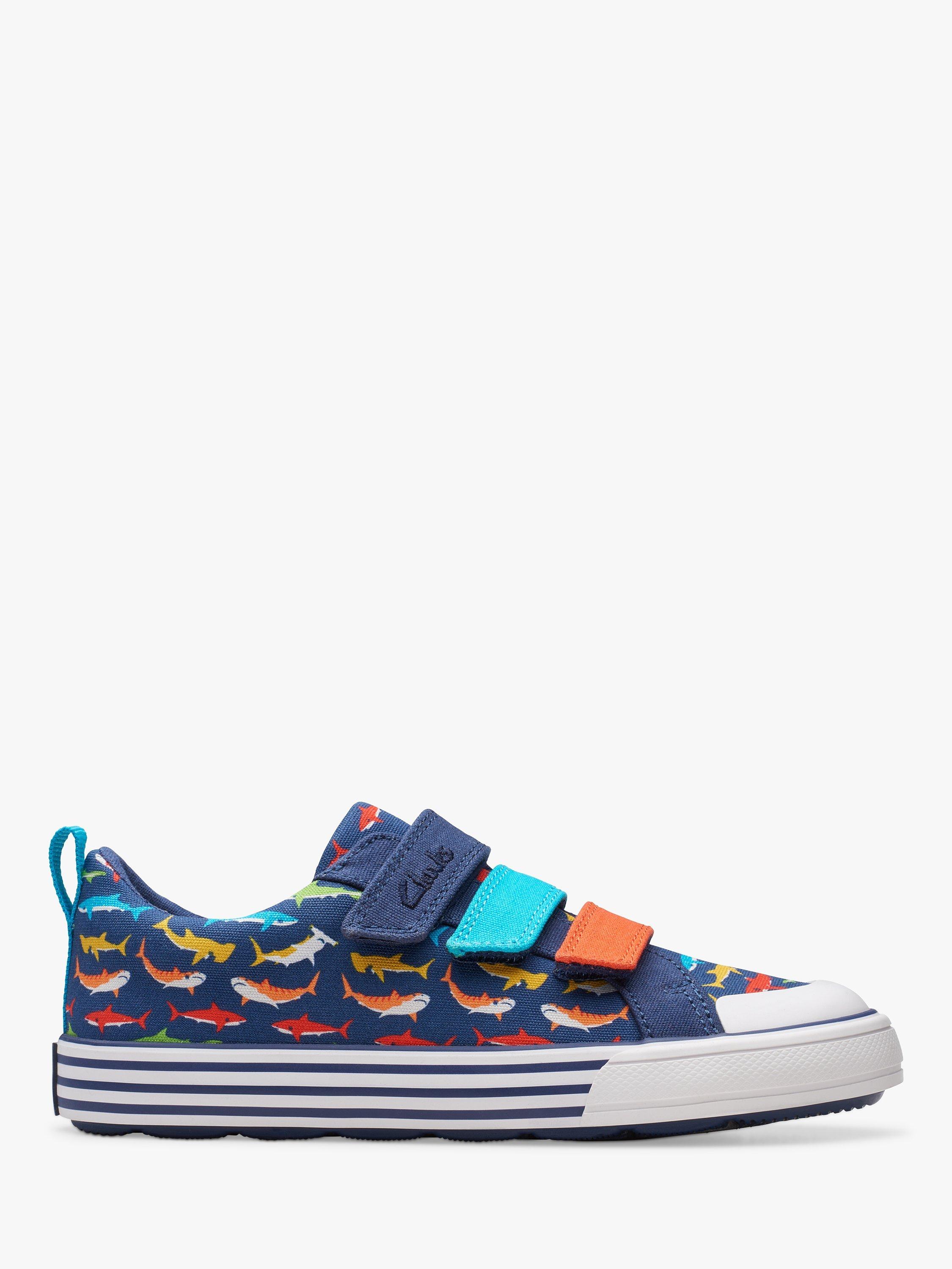 Clarks Kids' Clarks x Frugi Foxing Split K Shark Print Canvas Trainers, Navy/Multi