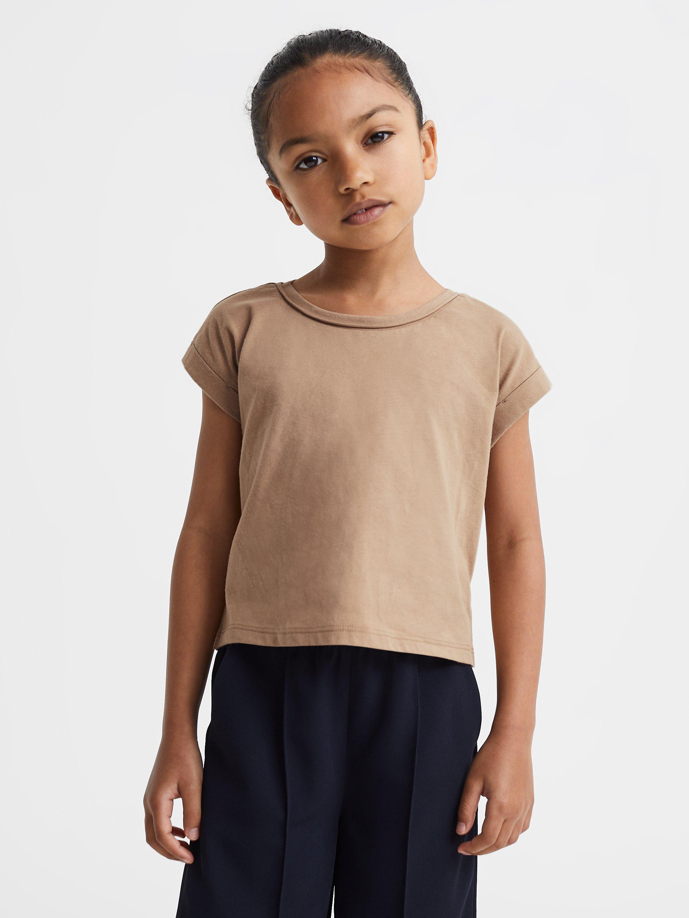 Reiss Kids' Terry Cotton Cropped T-Shirt, Camel