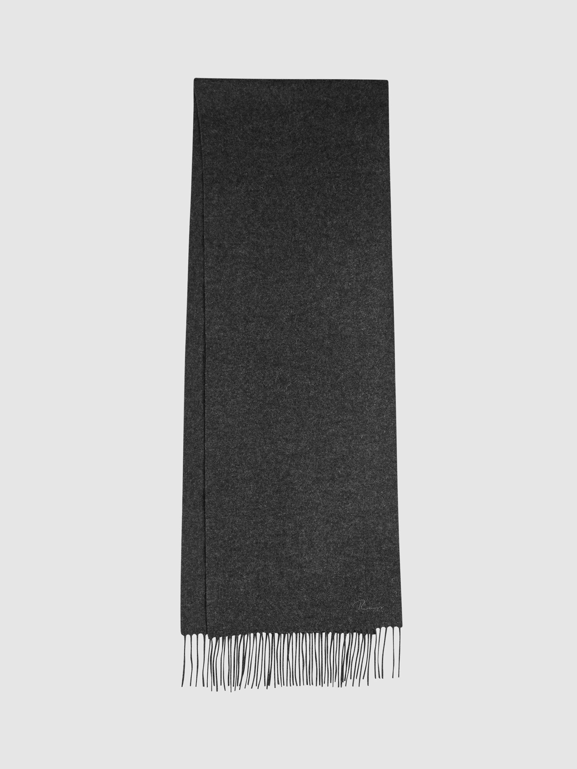 Reiss Picton Wool Cashmere Blend Fringed Scarf, Charcoal, One Size