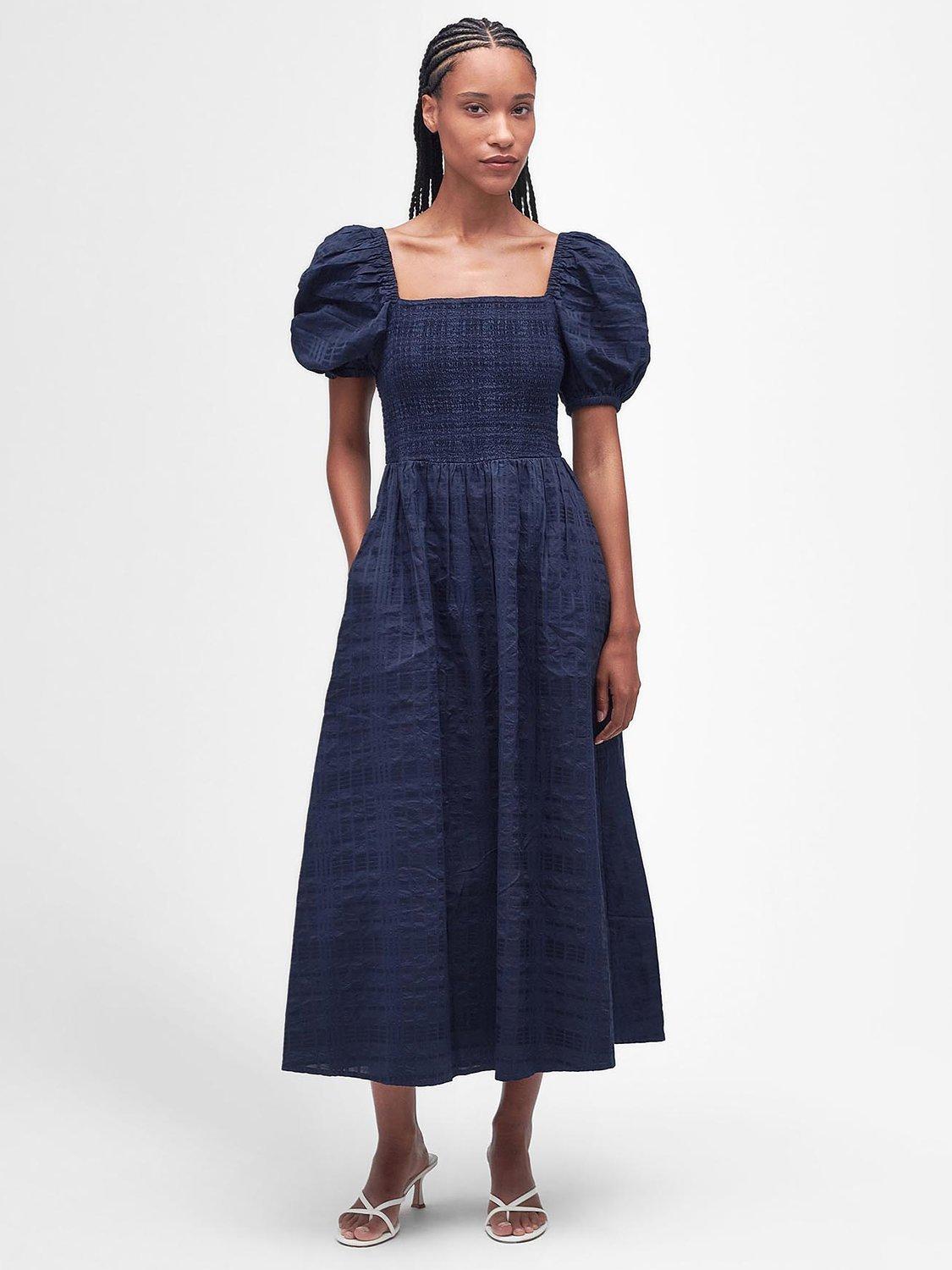 Barbour Macy Shirred Bodice Midi Dress, Navy