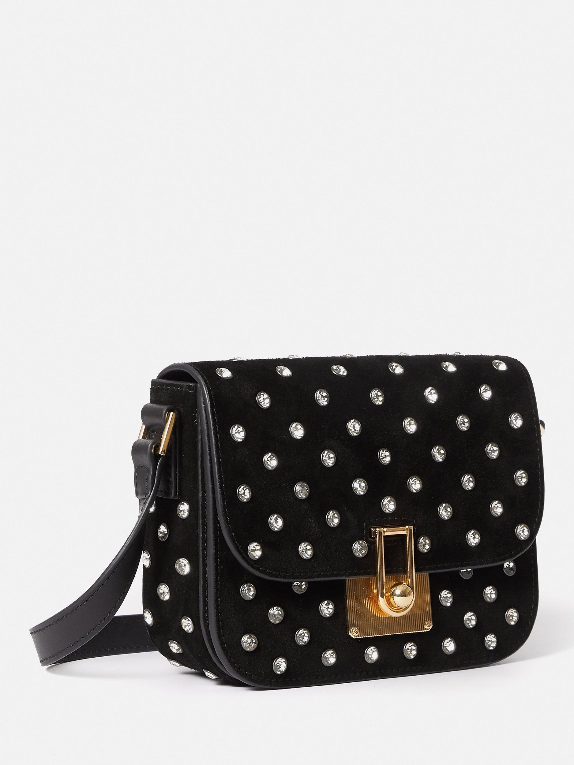Jigsaw Crystal Suede Crossbody Bag, Black