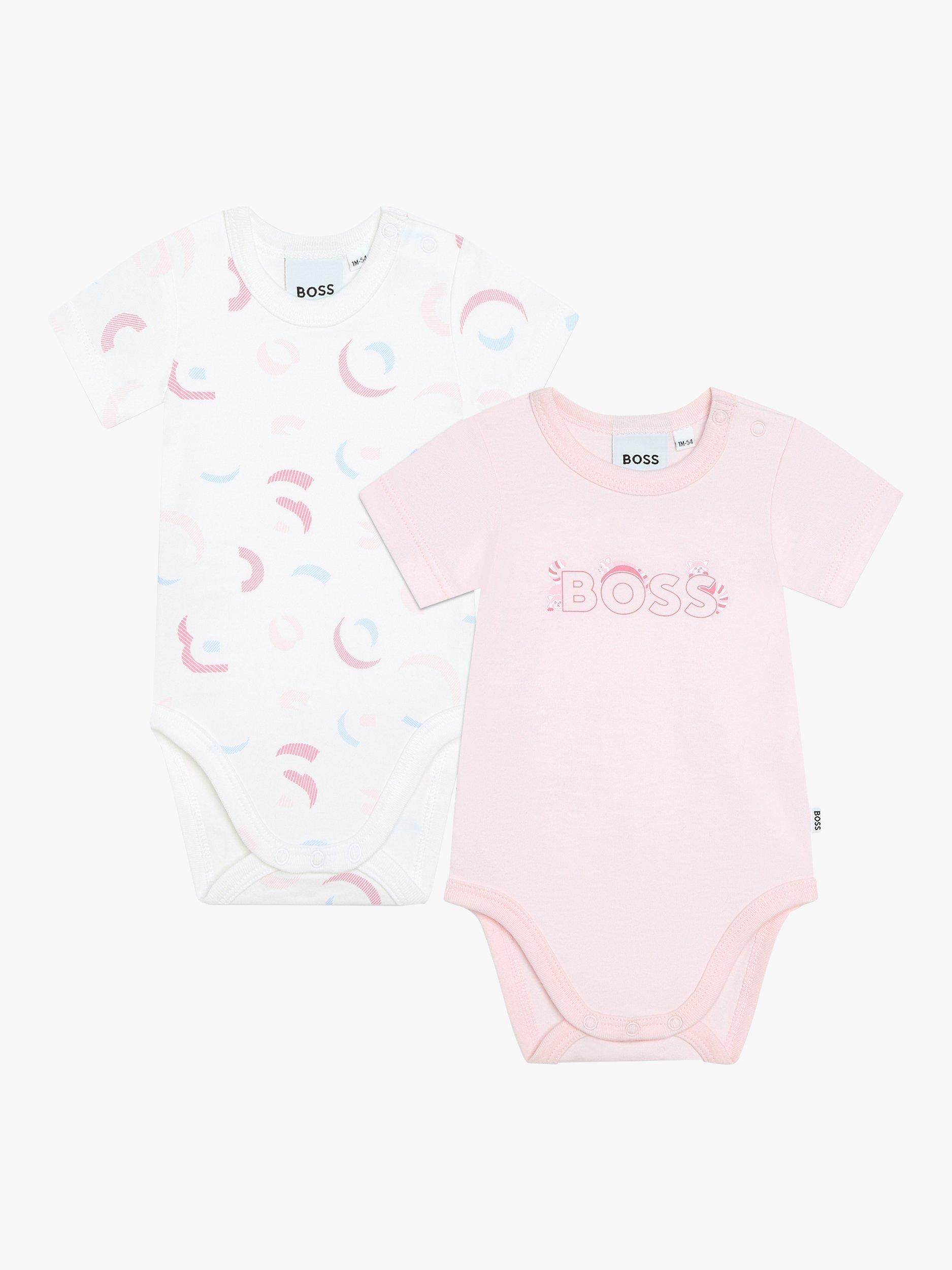 BOSS Baby Logo Monogram Short Sleeve Bodysuits, Pack Of 2, Rose