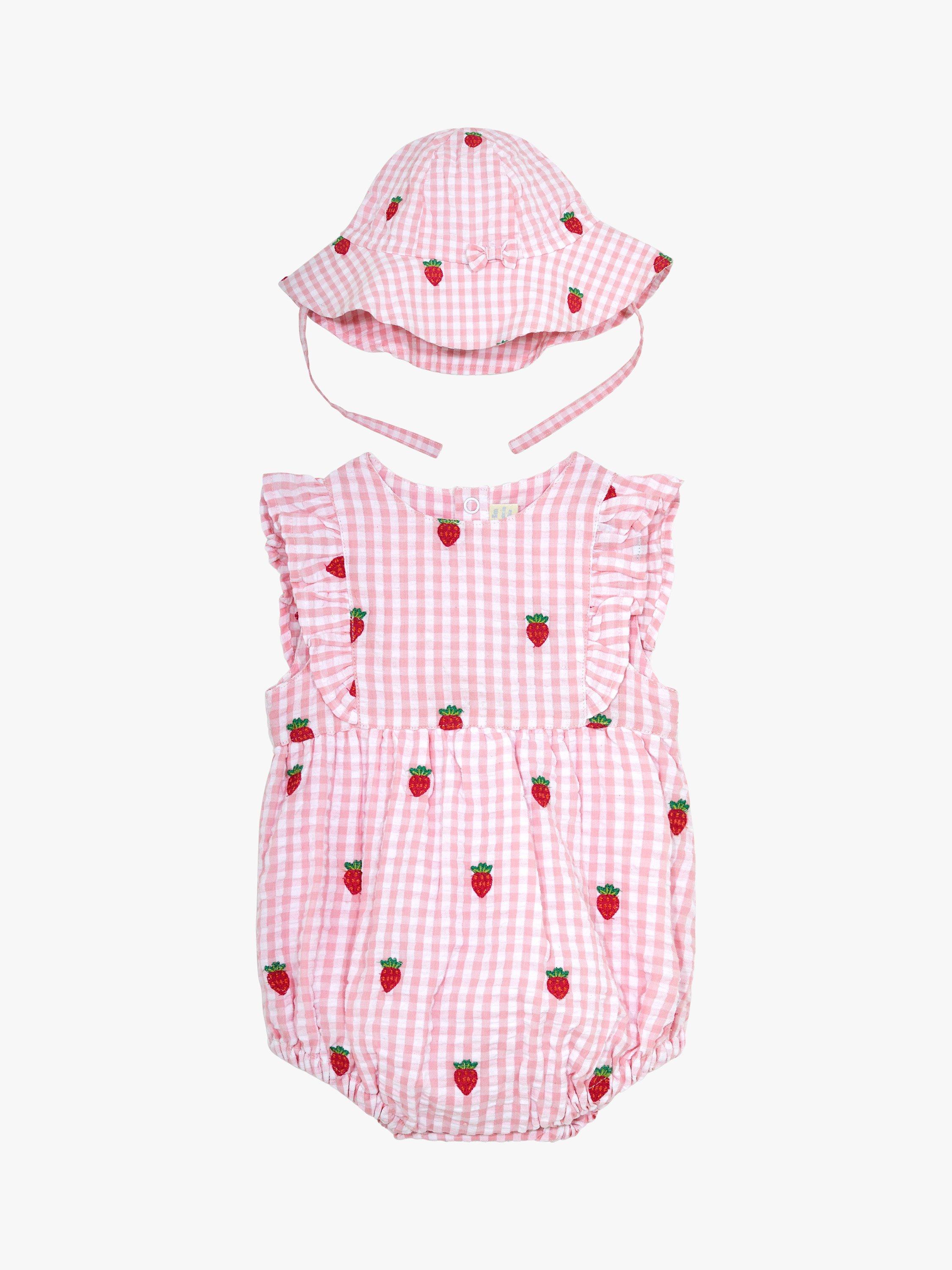 JoJo Maman Bébé Baby Bubble Strawberry Embroidered Gingham Romper & Hat Set, Pink/Multi