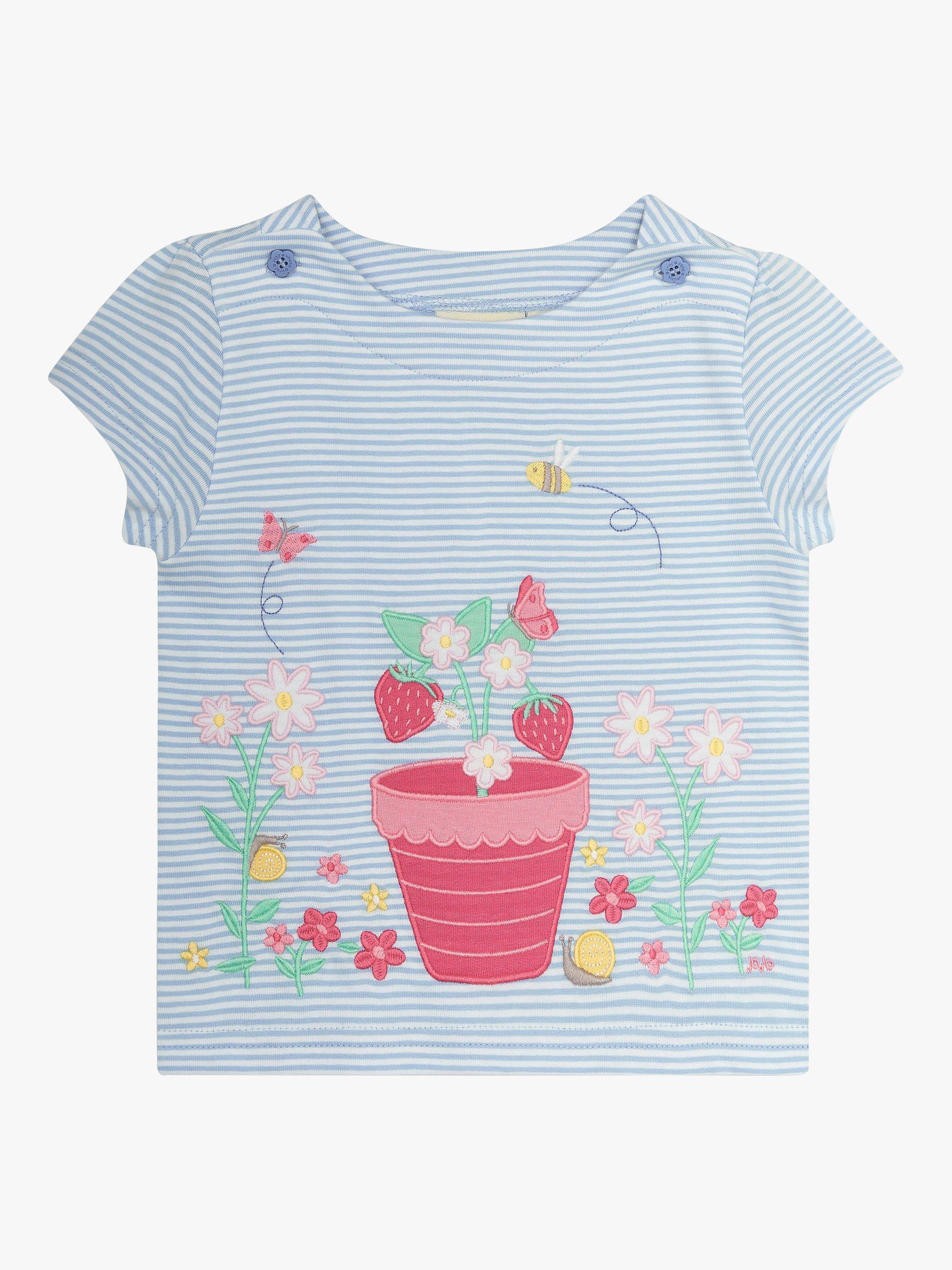 JoJo Maman Bébé Baby Strawberry Garden Scene Applique Stripe T-Shirt, Blue/Multi