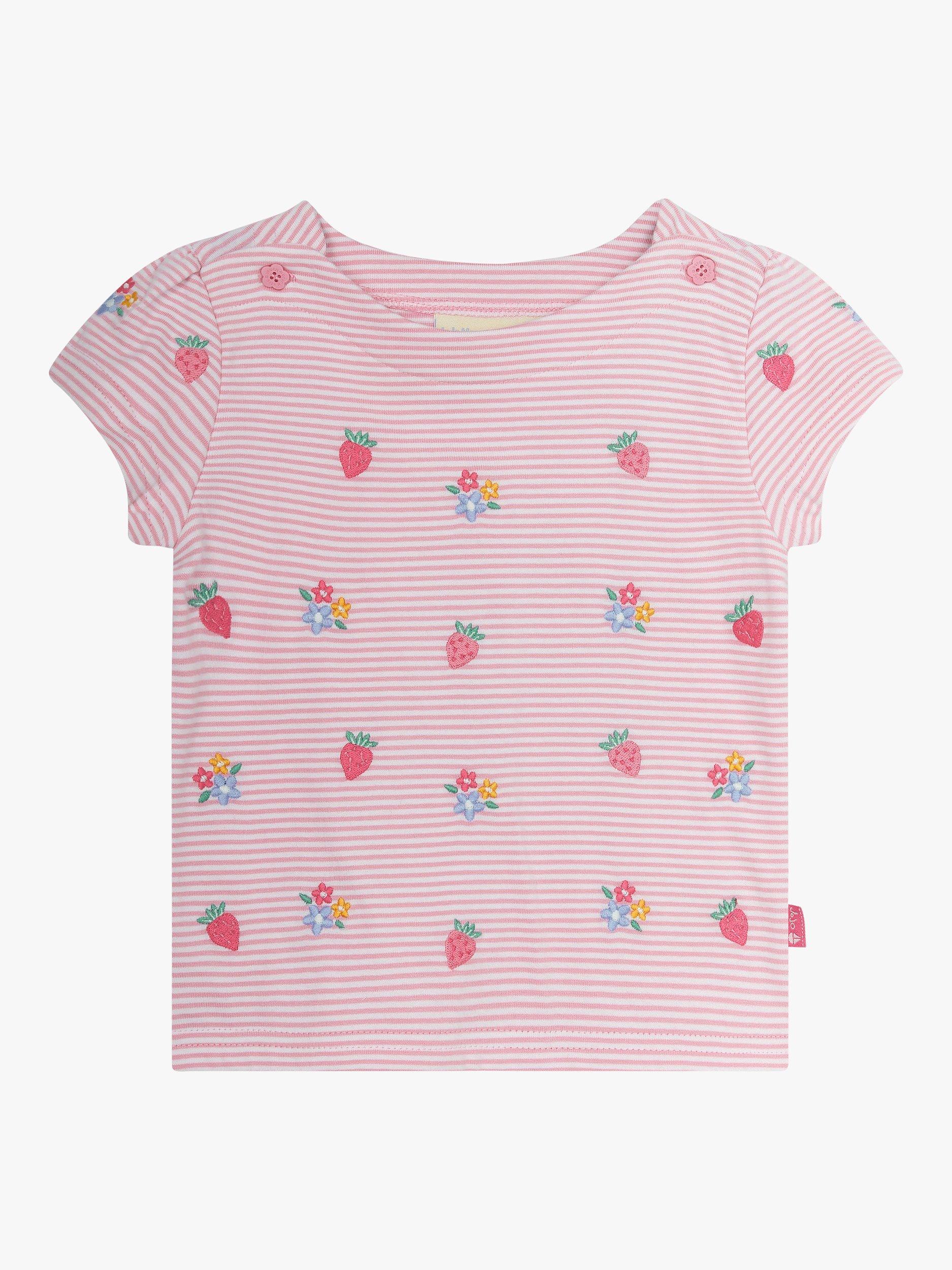 JoJo Maman Bébé Baby Strawberry Floral Embroidered Stripe T-Shirt, Pink/Multi