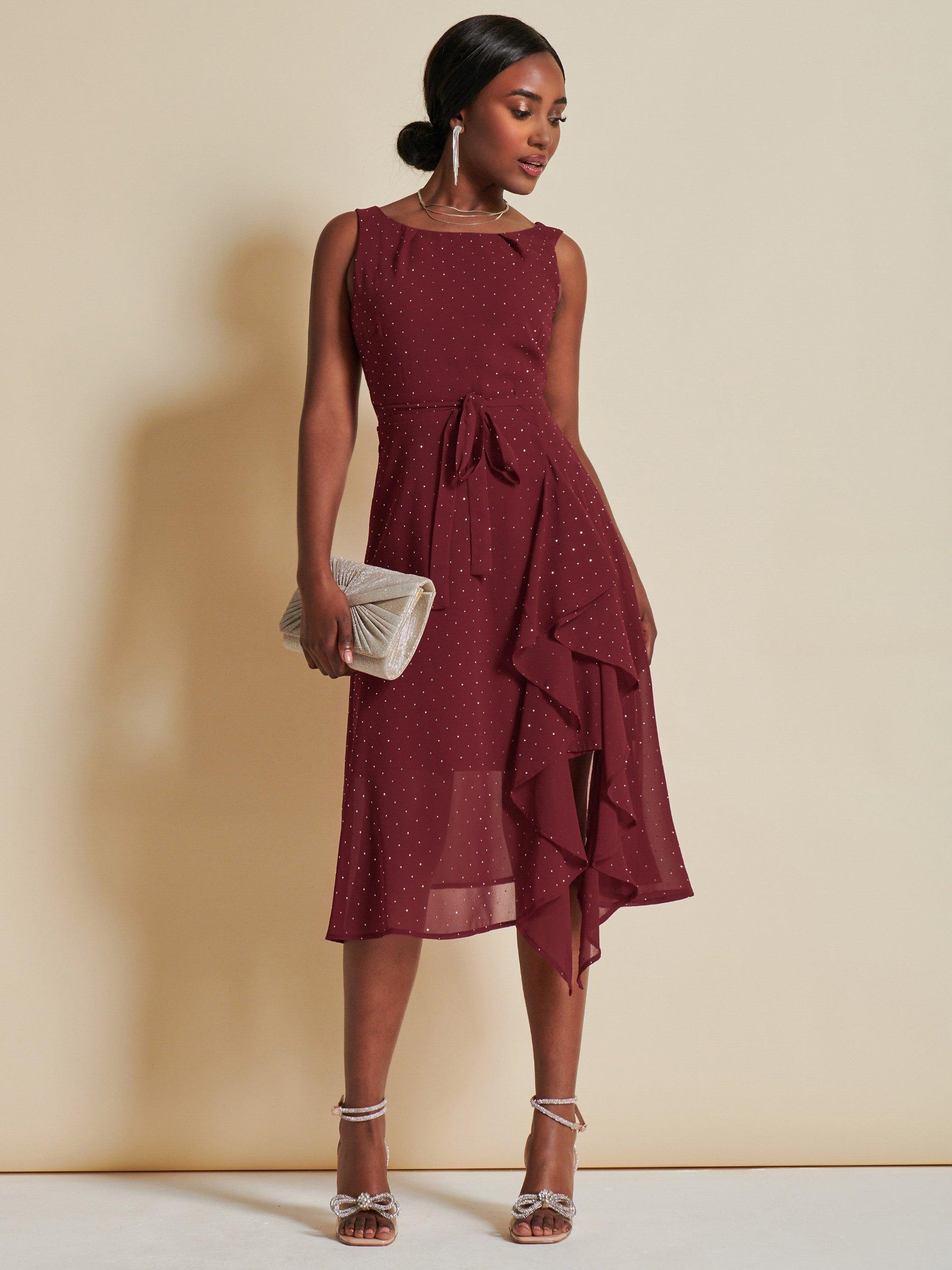 Jolie Moi Embellished Tie Chiffon Midi Dress Burgundy