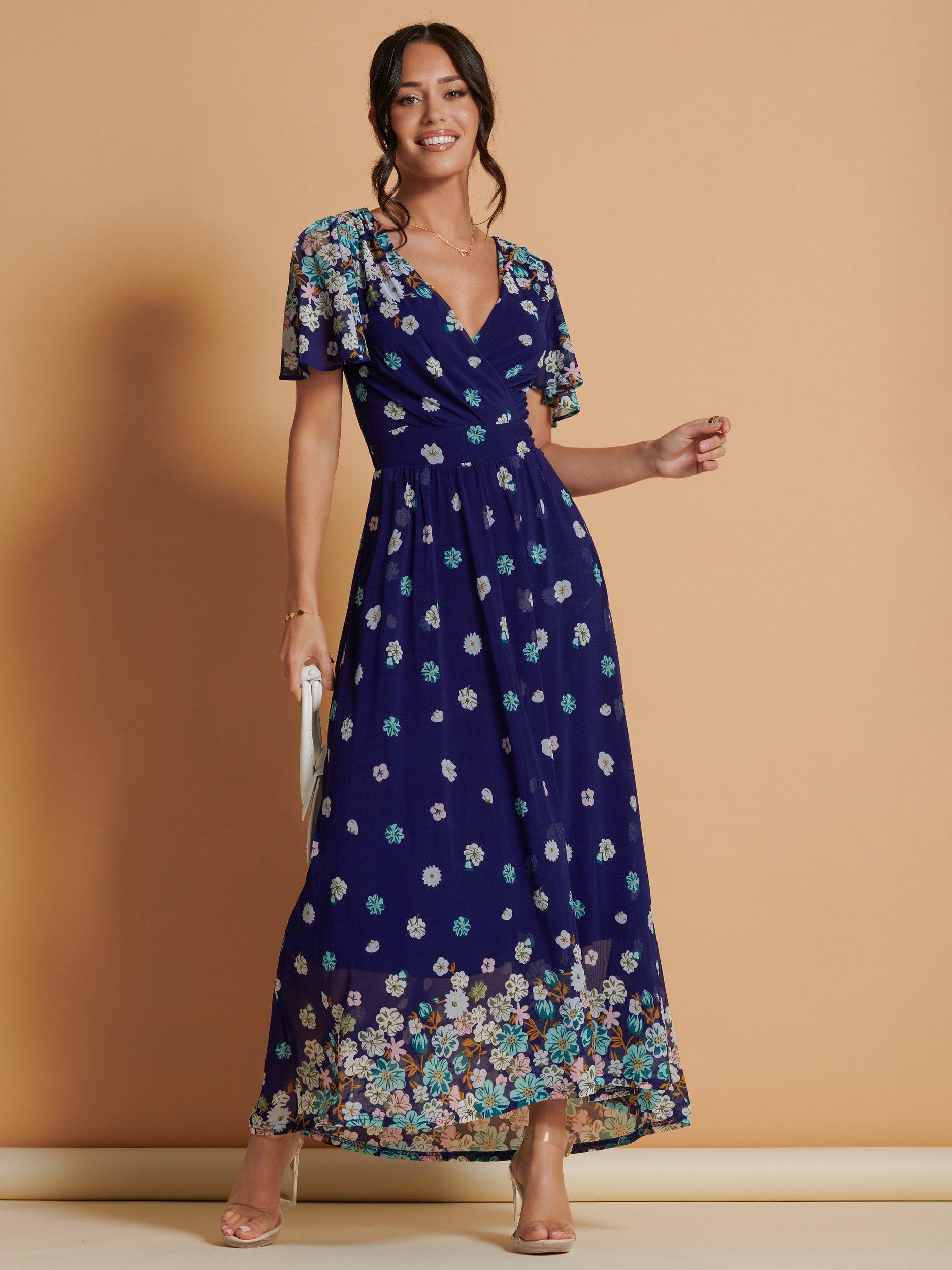 Product image 1 of 6, which shows Jolie Moi Angel Sleeve Print Jersey Midi Dress, Blue, 8