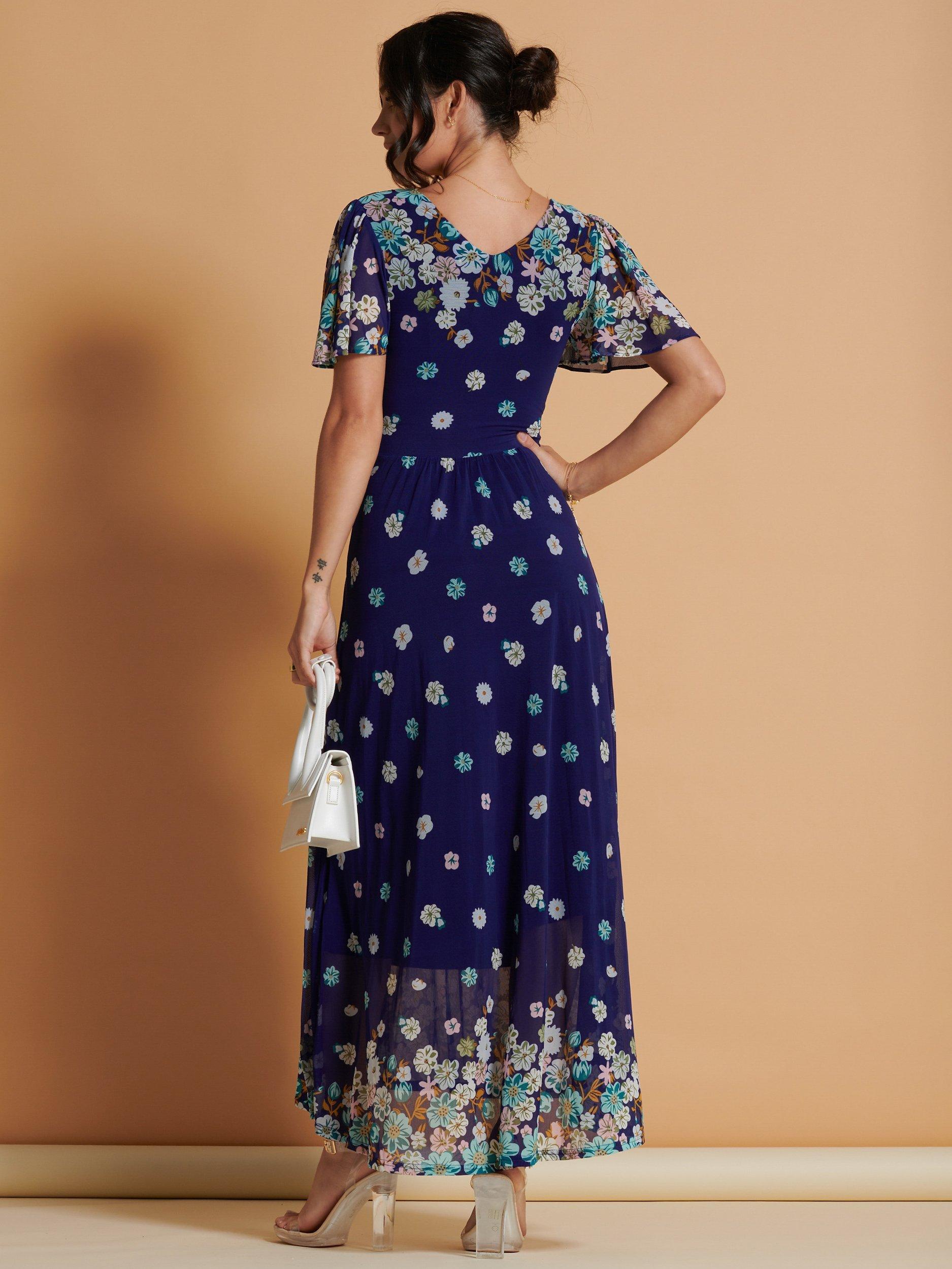 Product image 2 of 6, which shows Jolie Moi Angel Sleeve Print Jersey Midi Dress, Blue, 8