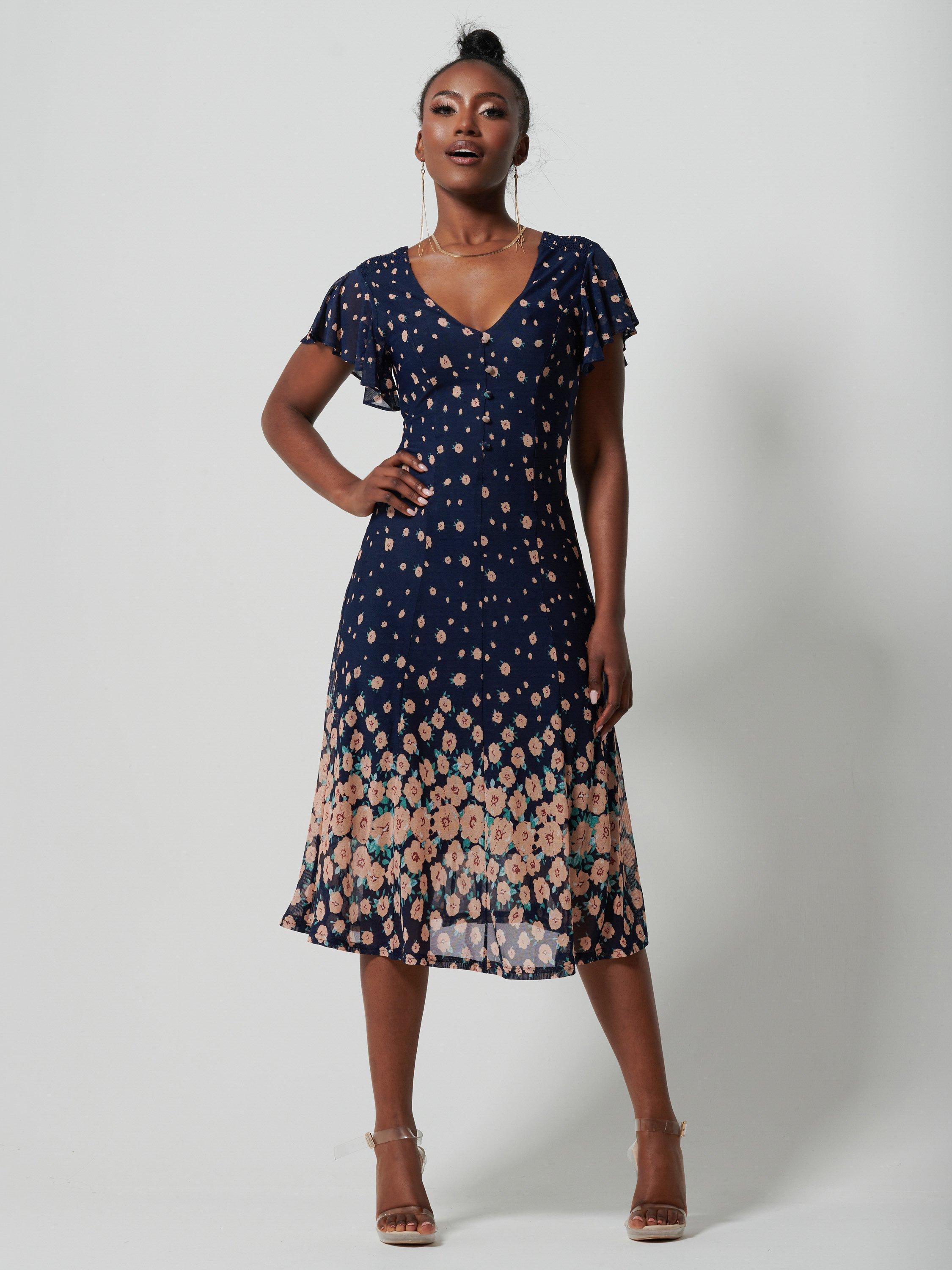 Jolie Moi Mesh Floral Print Midi Dress Navy