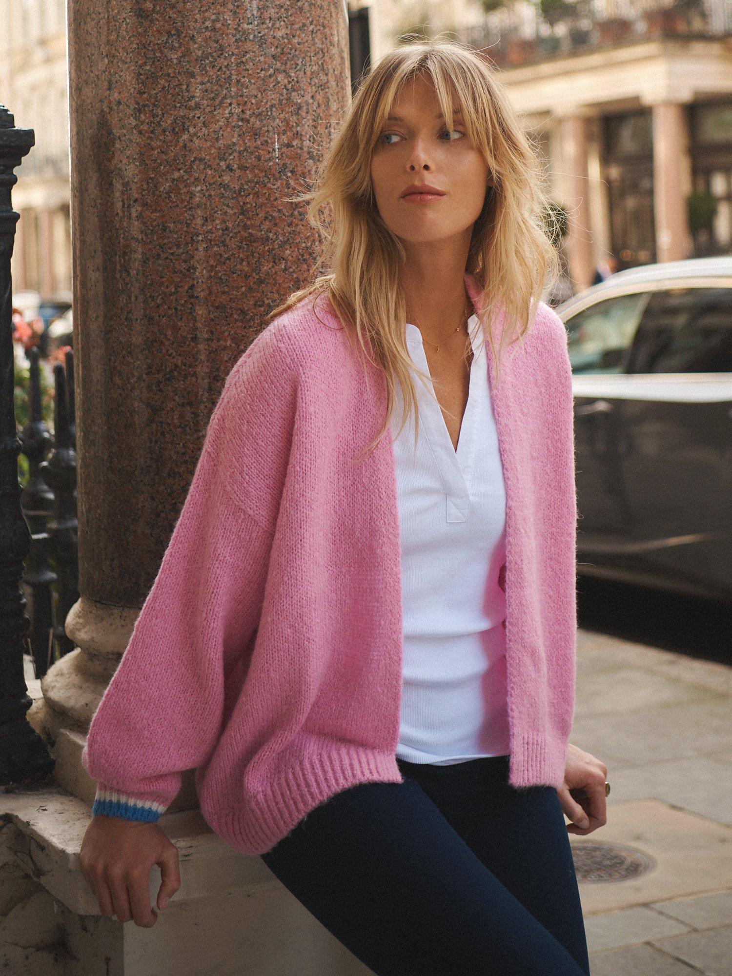 NRBY Misha Alpaca Wool Blend Tipped Cardigan, Pink, One Size