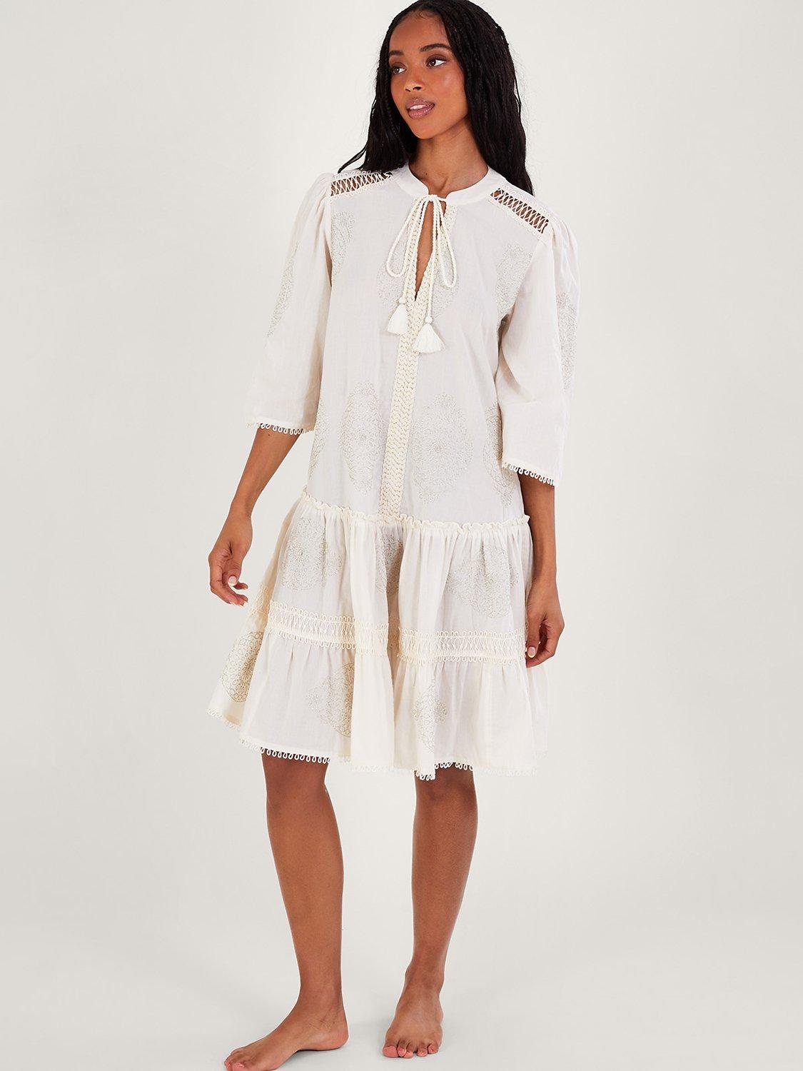 Monsoon Penny Embroided Kaftan Tiered Dress, Ivory