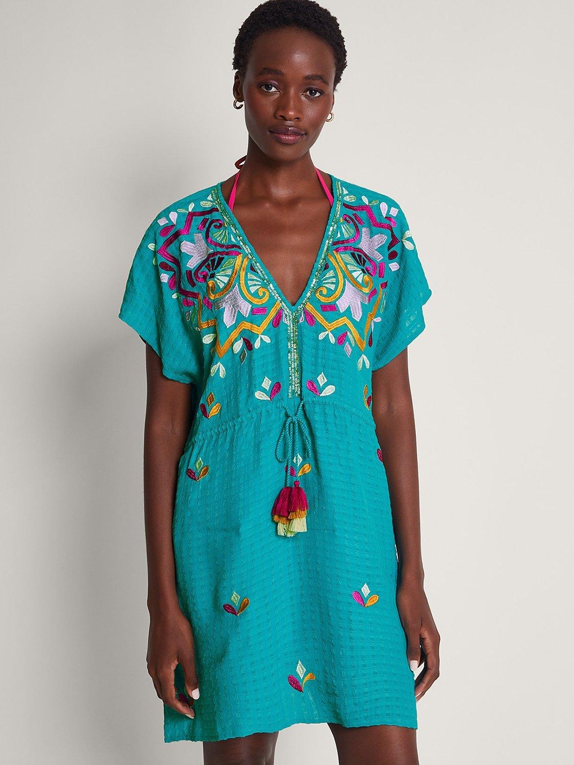 Monsoon Bonita Embroidered Kaftan Dress Turquoise