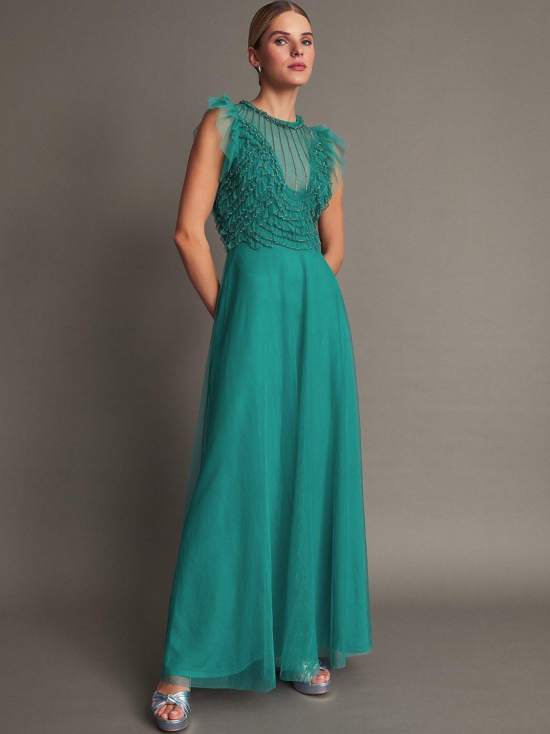 Monsoon Irina Embelished Ruffle Maxi Dress Green