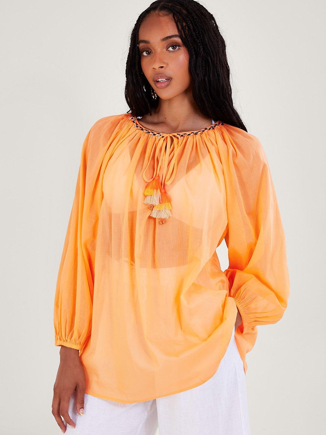 Monsoon Amy Sheer Tie Neck Top, Orange