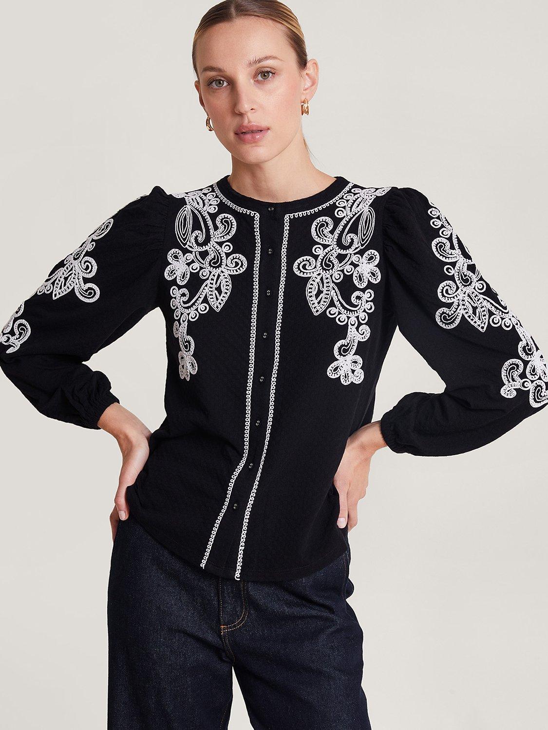 Monsoon Enya Embroidered Shirt, Black/White