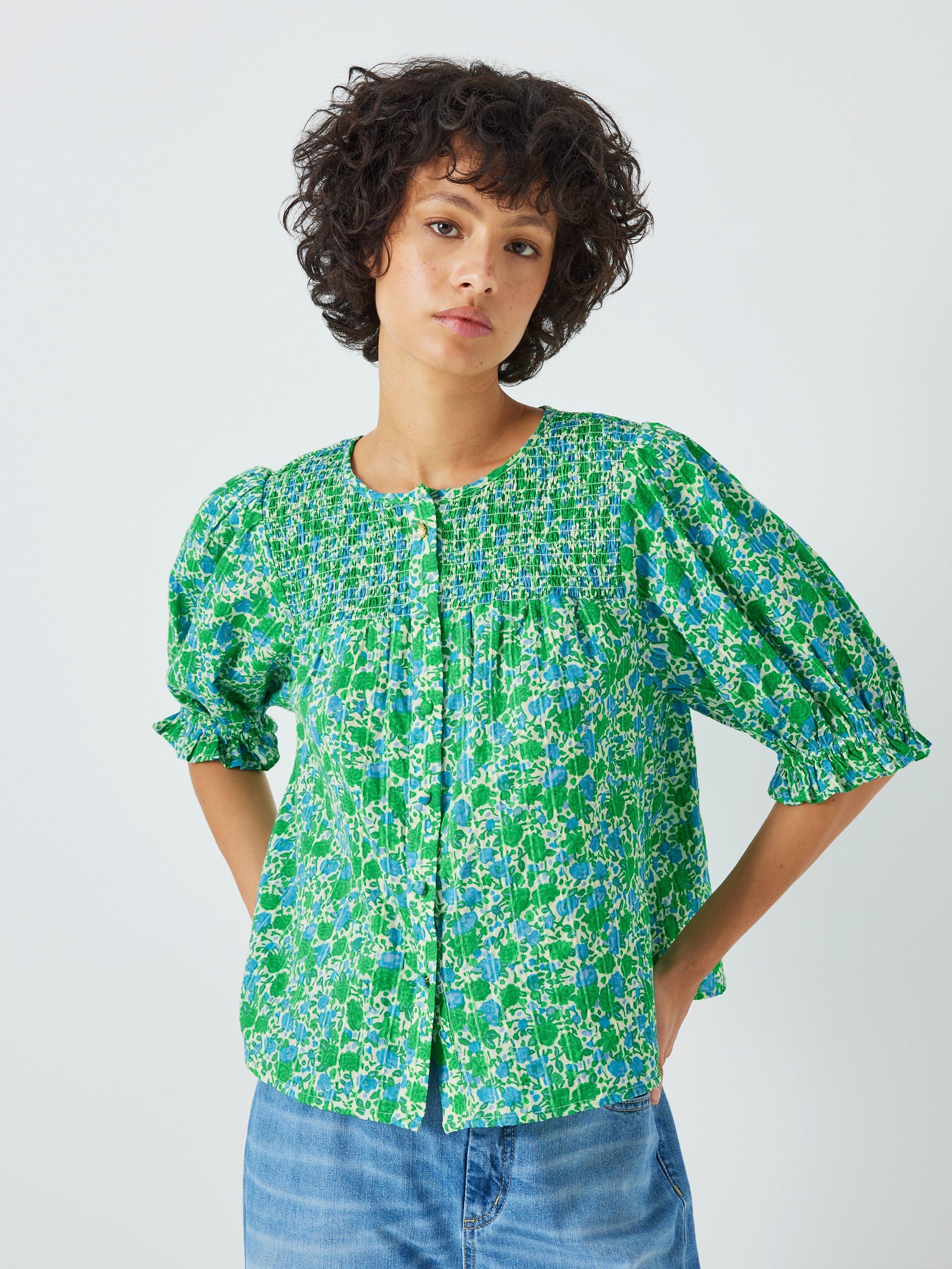 Fabienne Chapot June Floral Print Smock Detail Blouse, Green Apple/Blue
