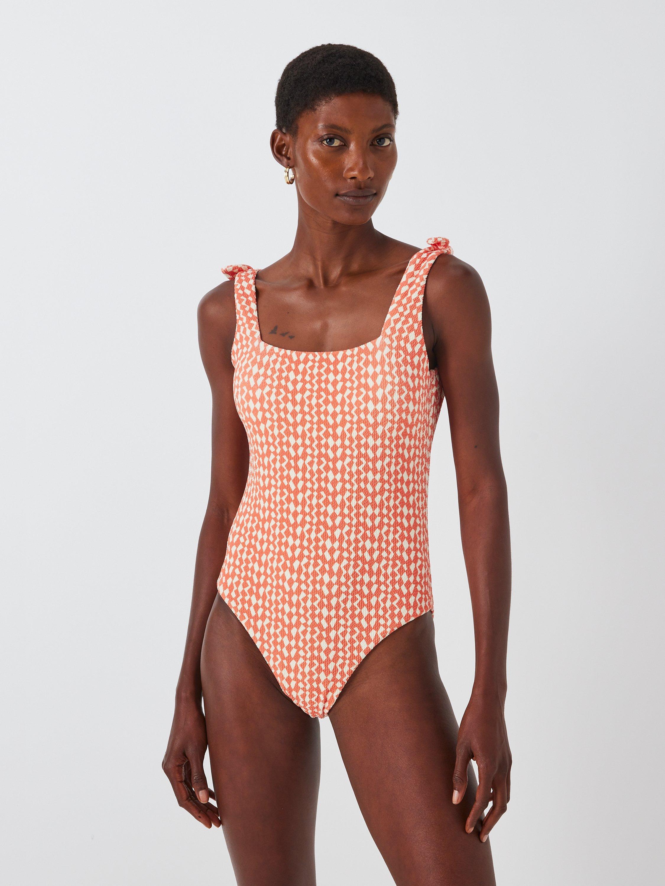 John Lewis Geo Print Square Neck Swimsuit Orange Multi