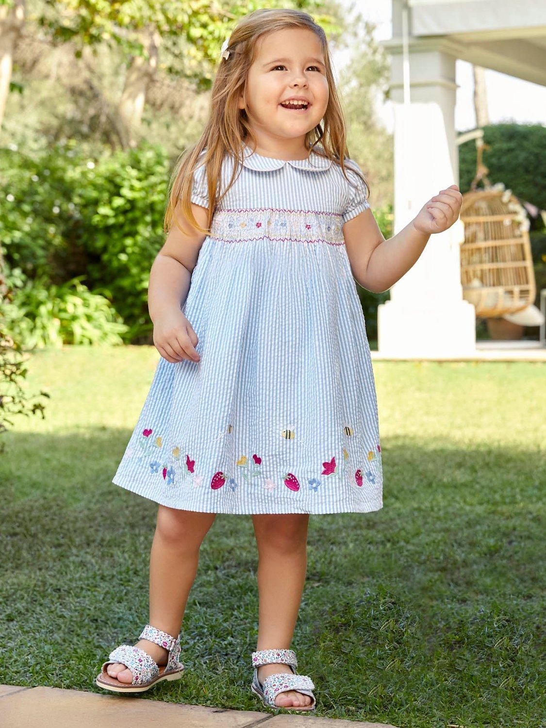 JoJo Maman Bébé Baby Strawberry Smock Dress & Bloomers Set, Blue/Multi