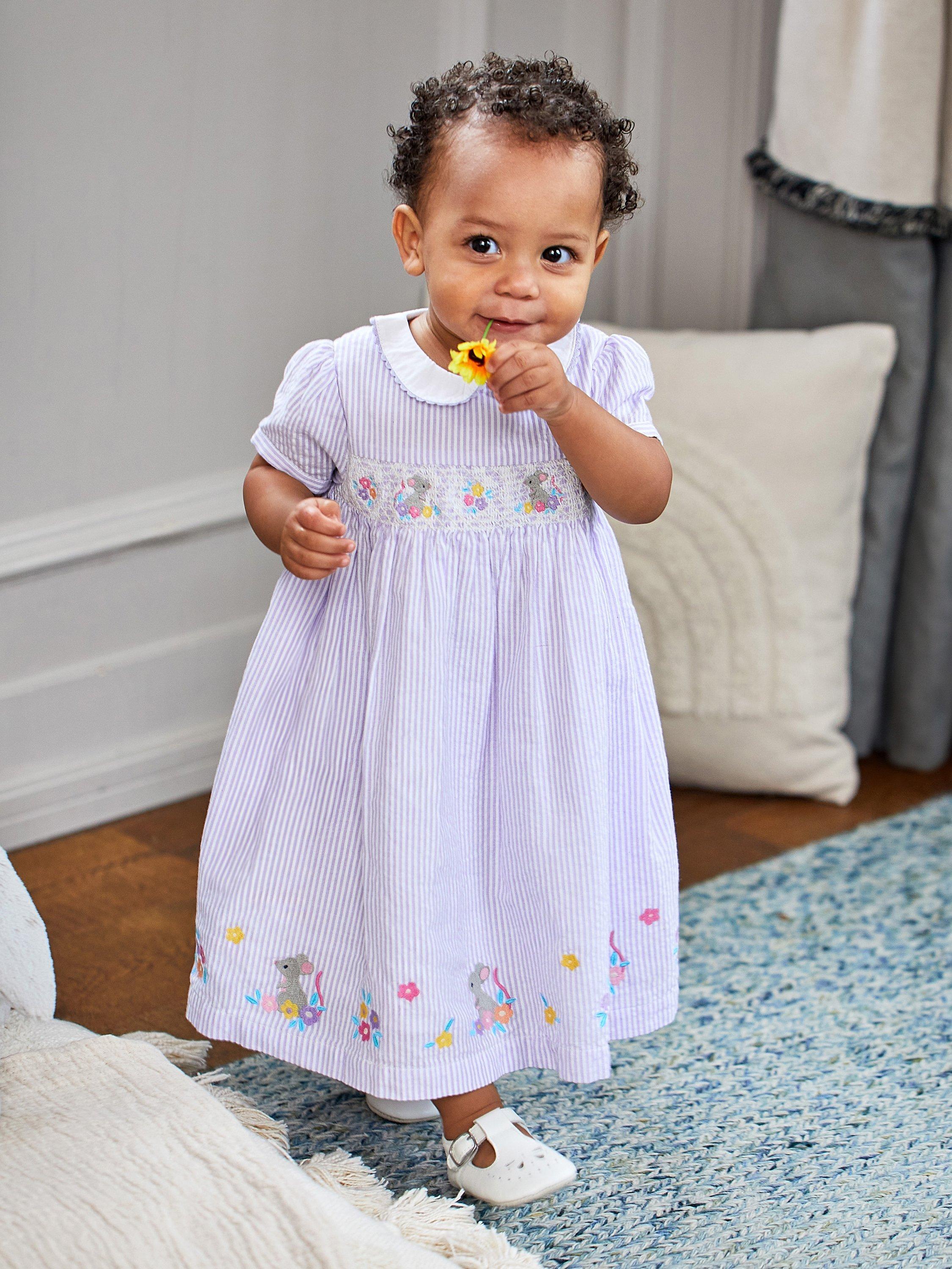 JoJo Maman Bébé Baby Mouse Smock Dress, Lilac, 6-7 years