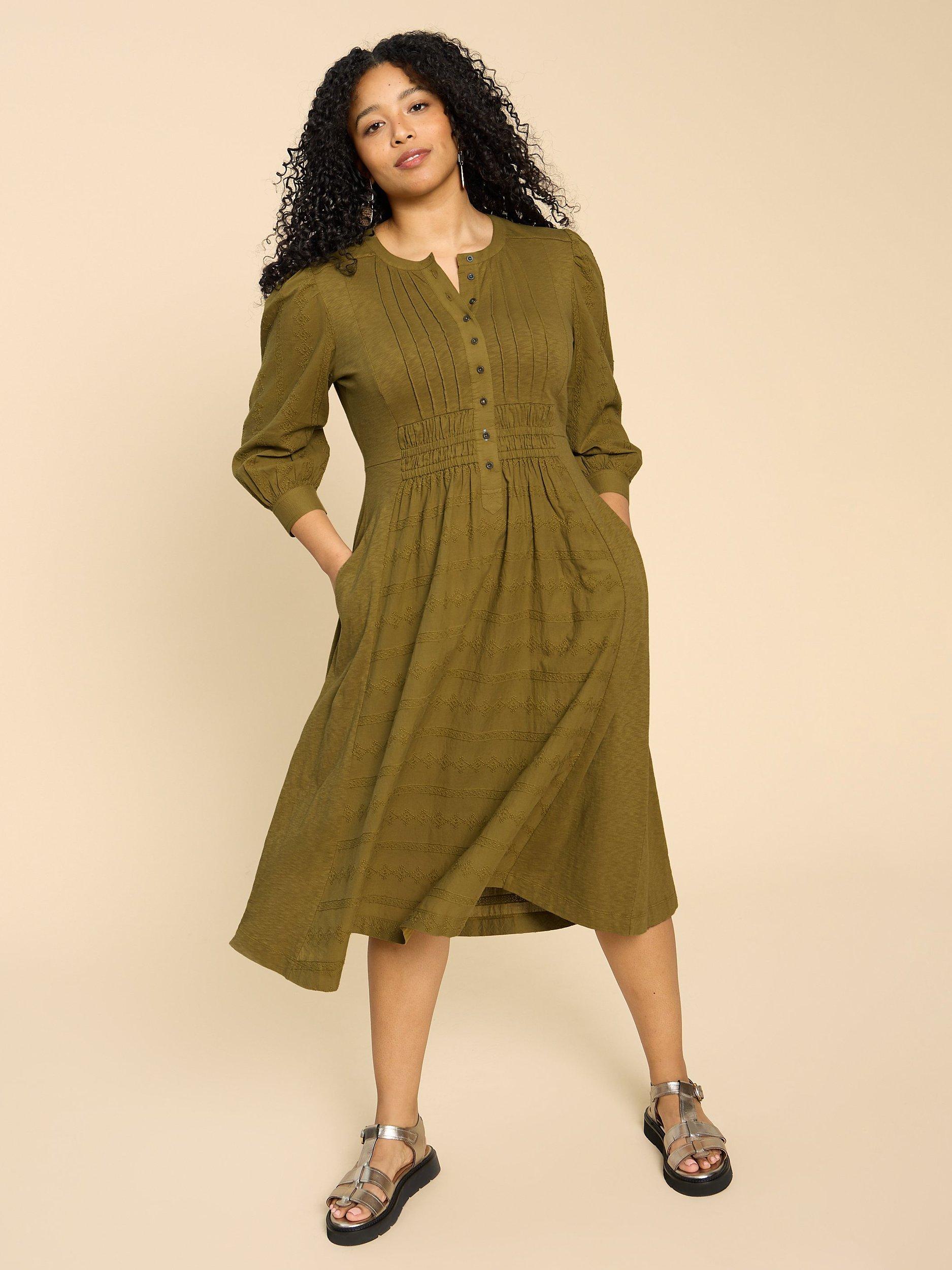 White Stuff Celeste Cotton Jersey Midi Dress, Khaki