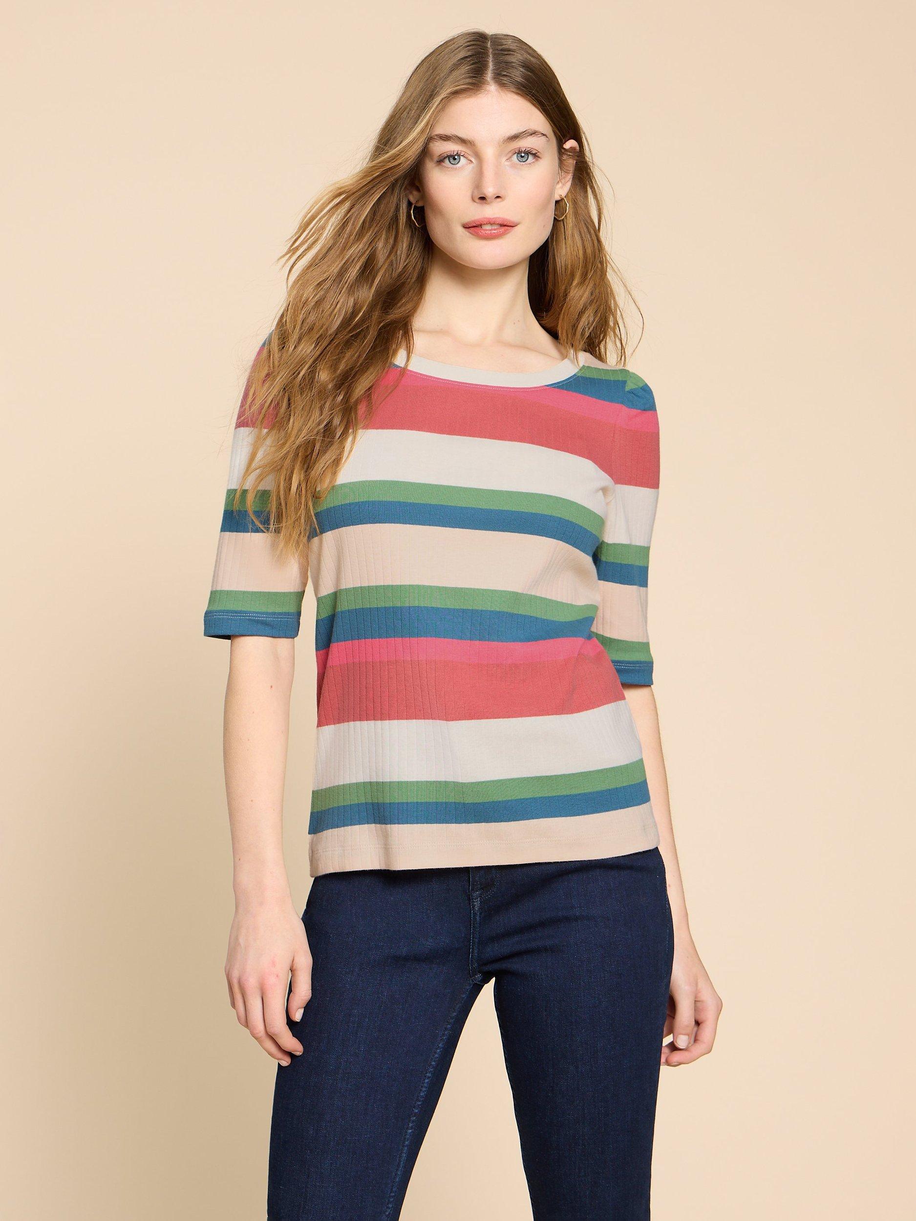 White Stuff Puff Sleeve Stripe T-Shirt, Pink/Multi
