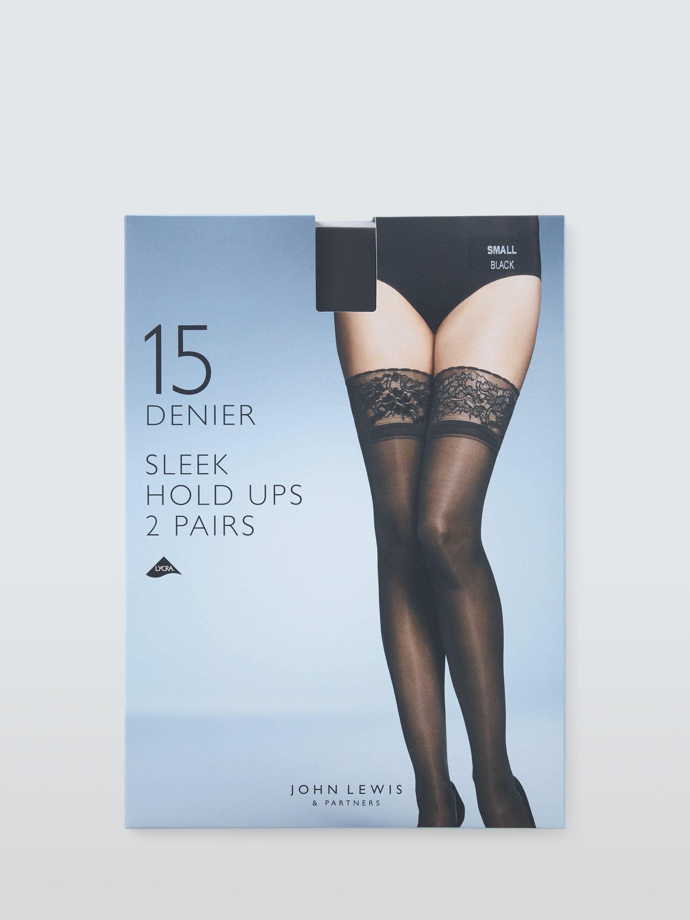 Product image 1 of 3, which shows John Lewis 15 Denier Lace Hold Ups, Pack of 2, Black, S