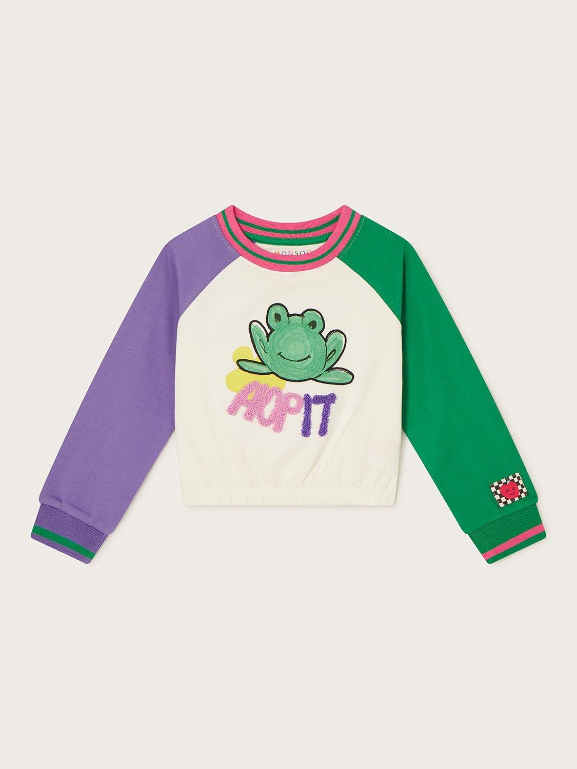Product image 1 of 3, which shows Monsoon Kids' Frog Tie Waist Crop Sweatshirt, Ivory, 3-4 years