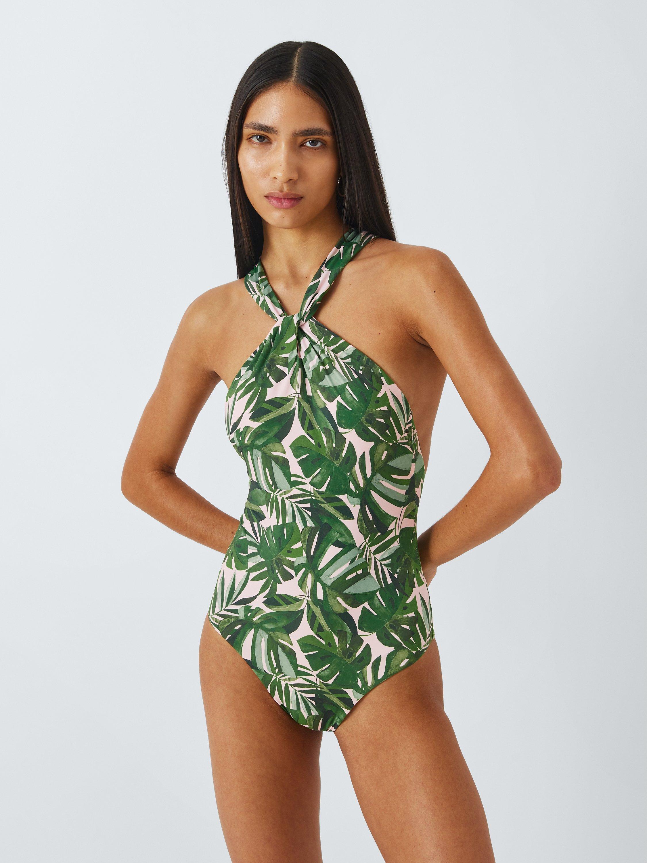 John Lewis Tropic Palm Twist Neck Swimsuit Khaki Multi