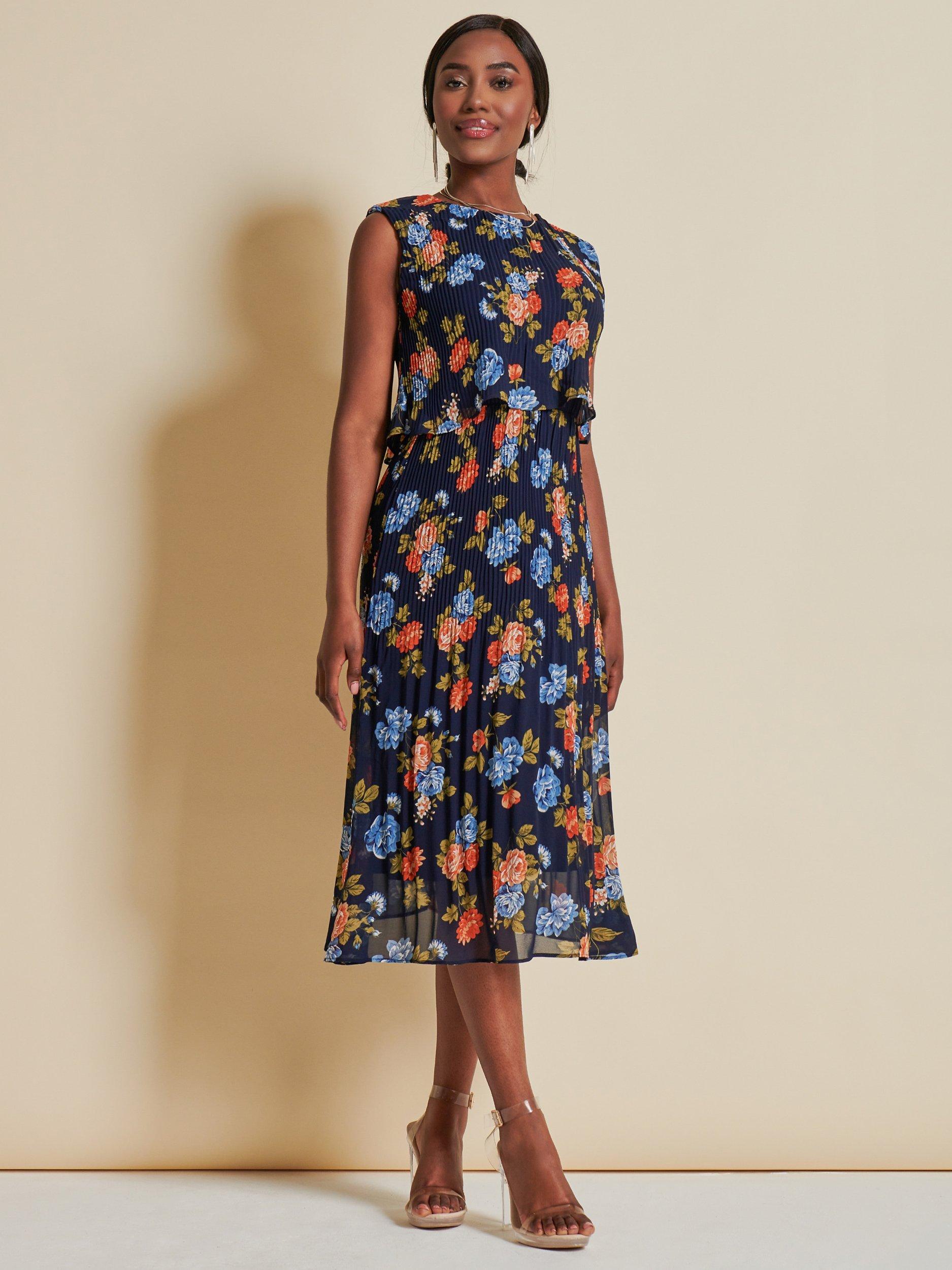 Jolie Moi Chiffon Pleated Midi Dress, Navy/Orange