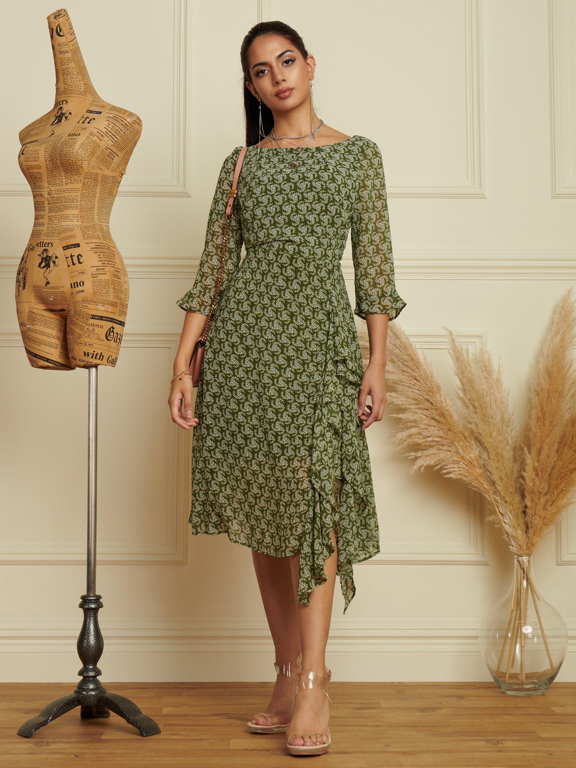 Jolie Moi Floral Print Chiffon Midi Dress, Green