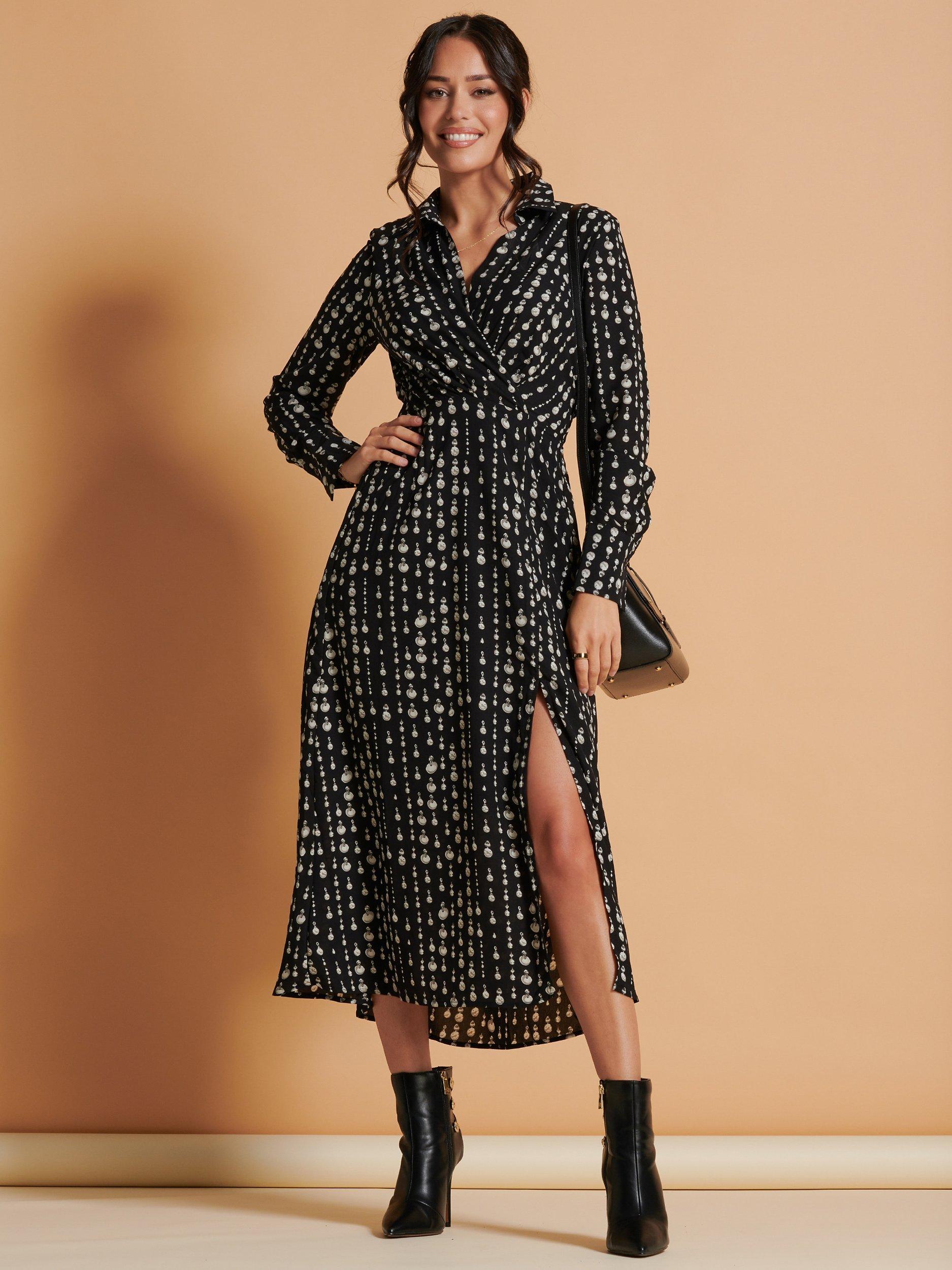 Product image 1 of 7, which shows Jolie Moi Geometric Shirt Midi Dress, Black, 8