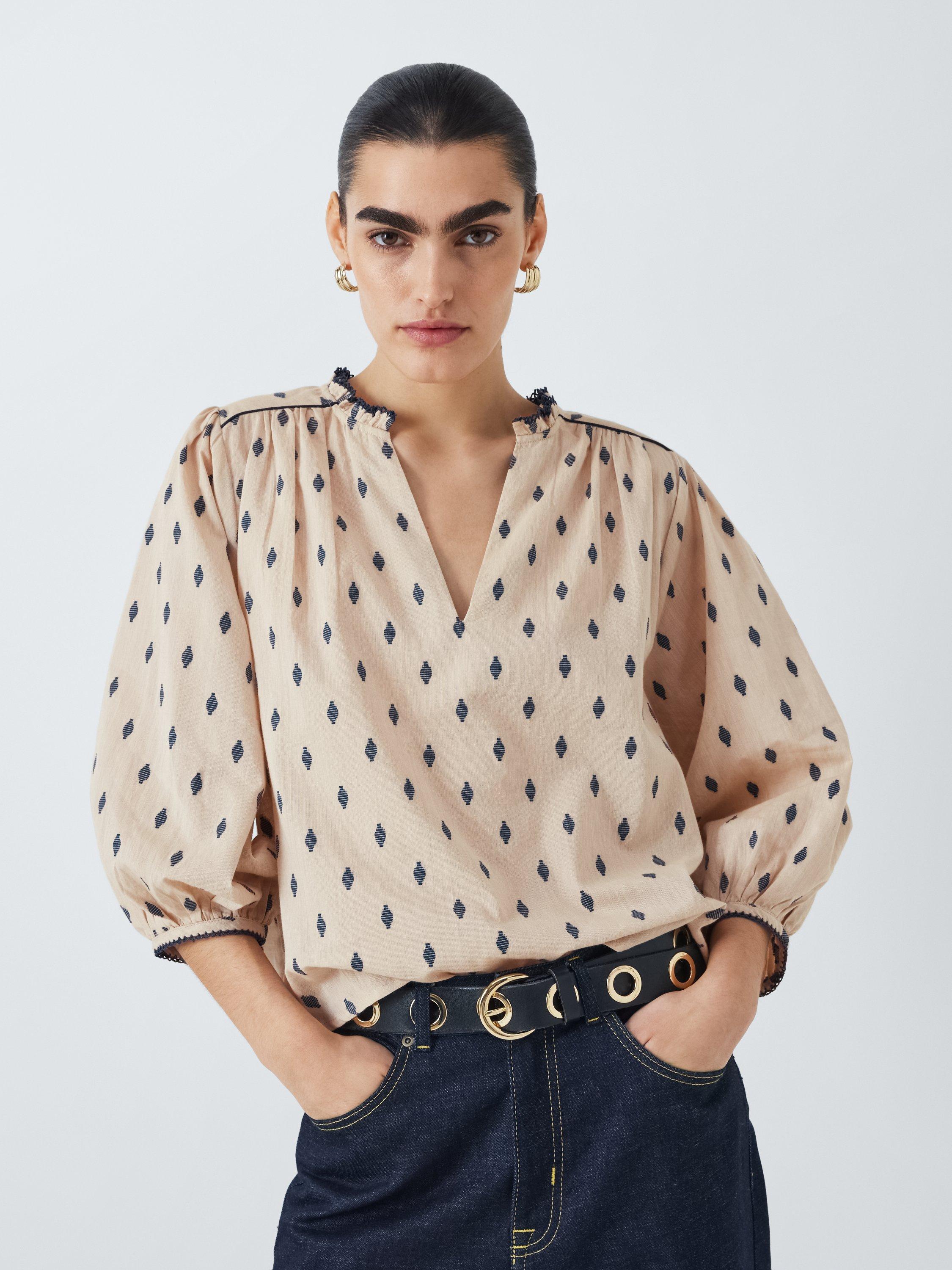 John Lewis Cotton Dobby Spot Print Blouse, Natural