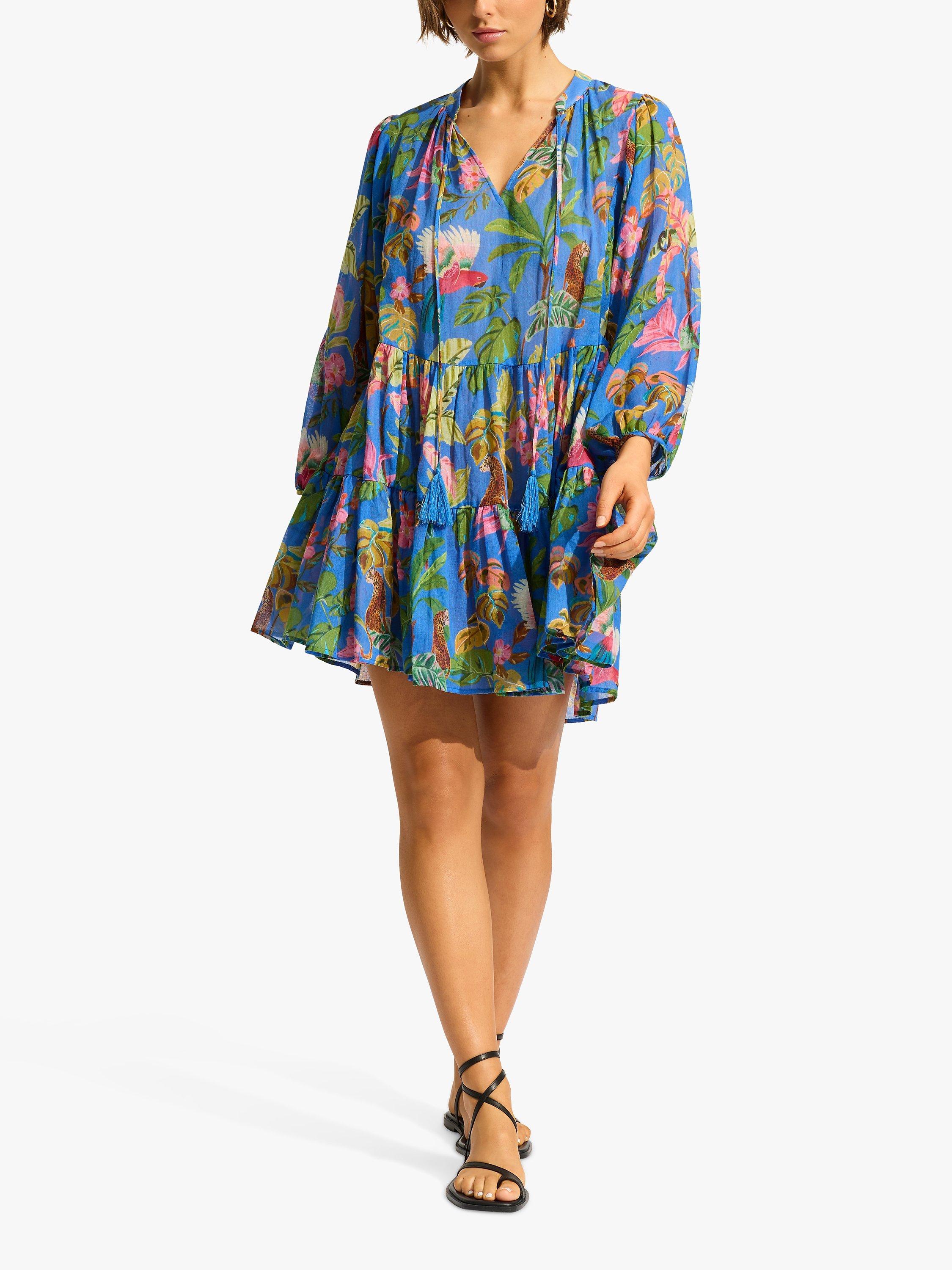 Seafolly Tropica Tiered Kaftan, Azure